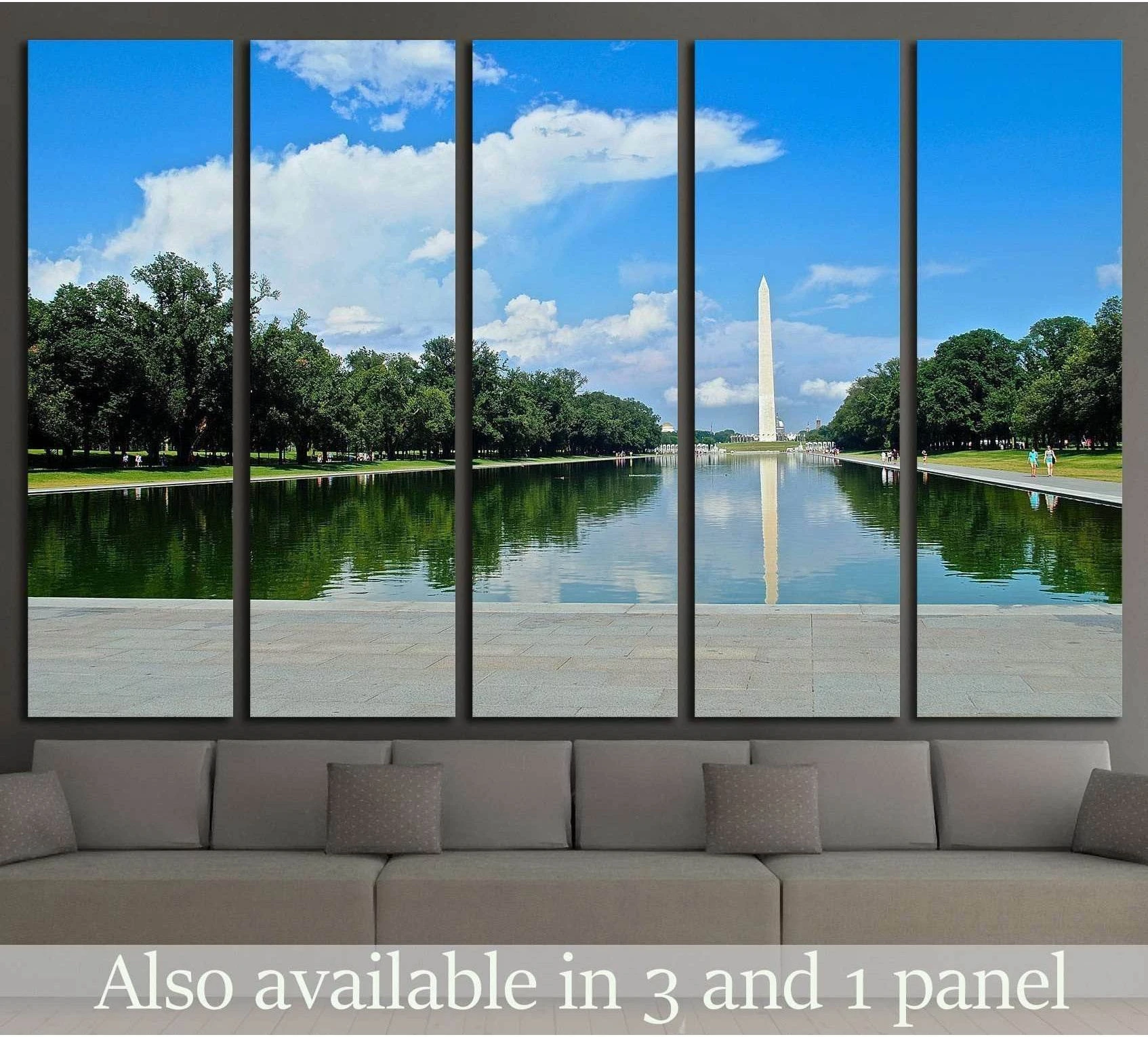 Washington Monument and Reflecting Pool canvas print above sofa in a modern living room