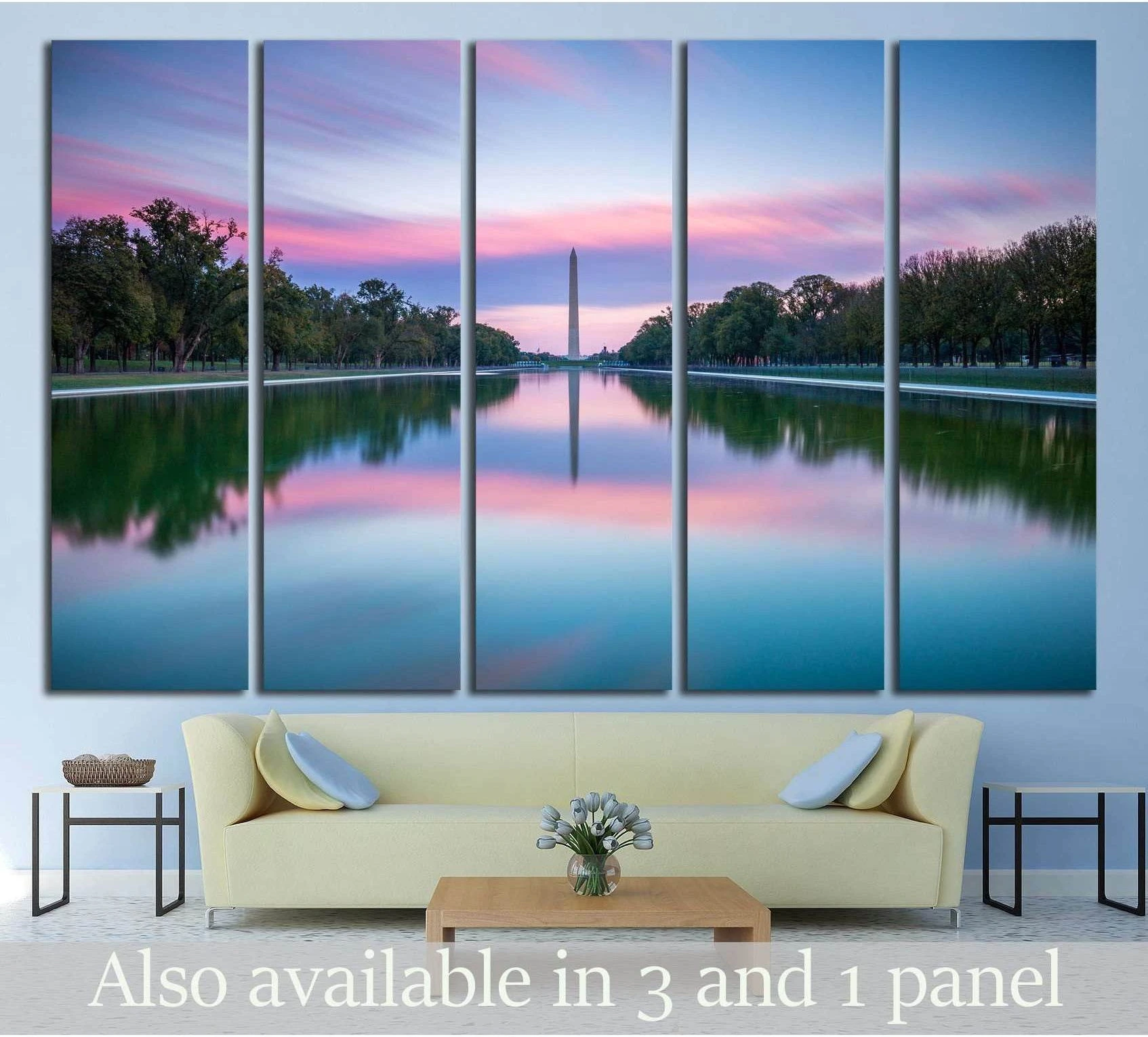 Washington Monument and Reflecting Pool sunset canvas print displayed above sofa in modern living room