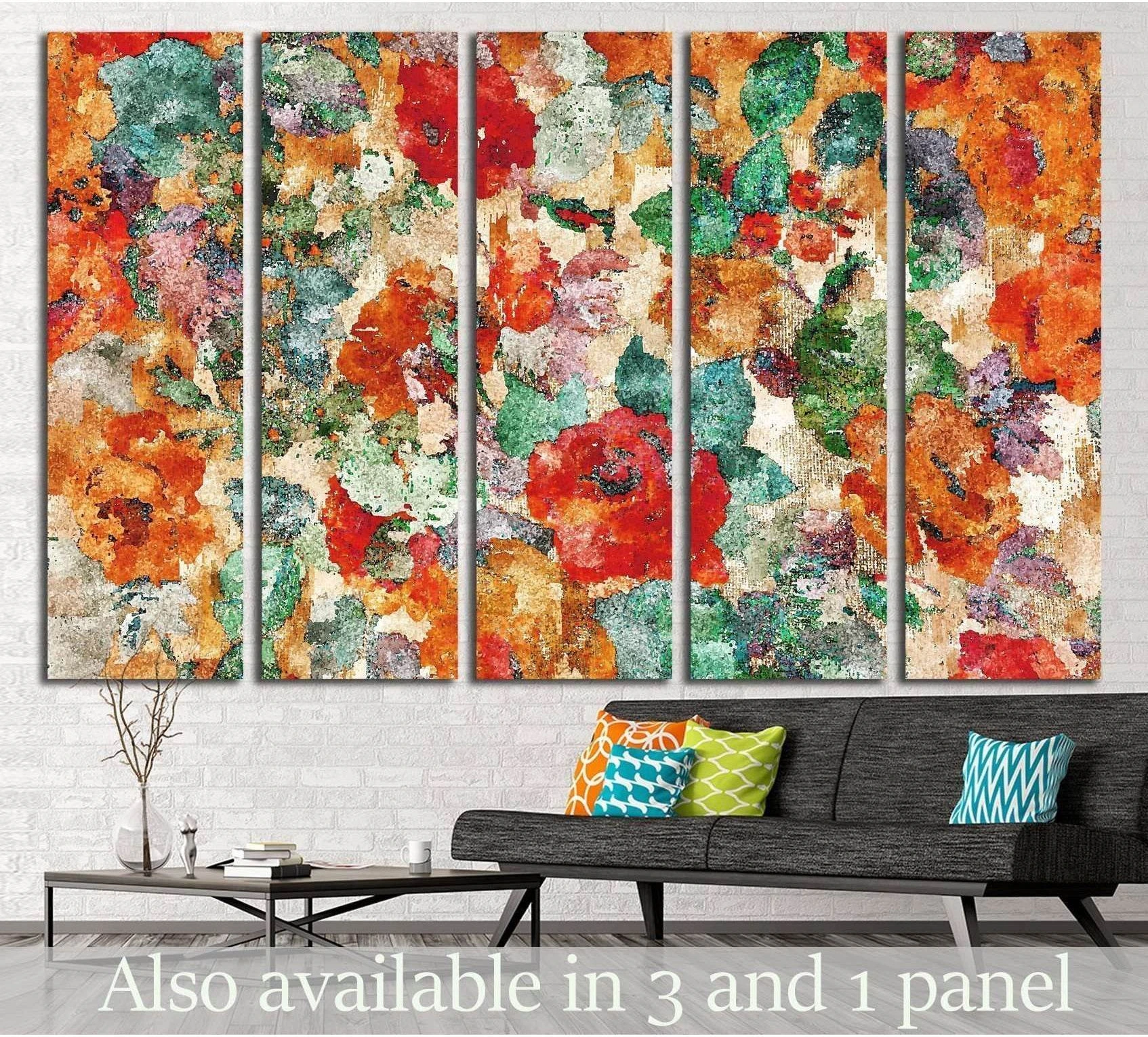Five-panel colorful watercolor floral canvas print above sofa in a modern living room