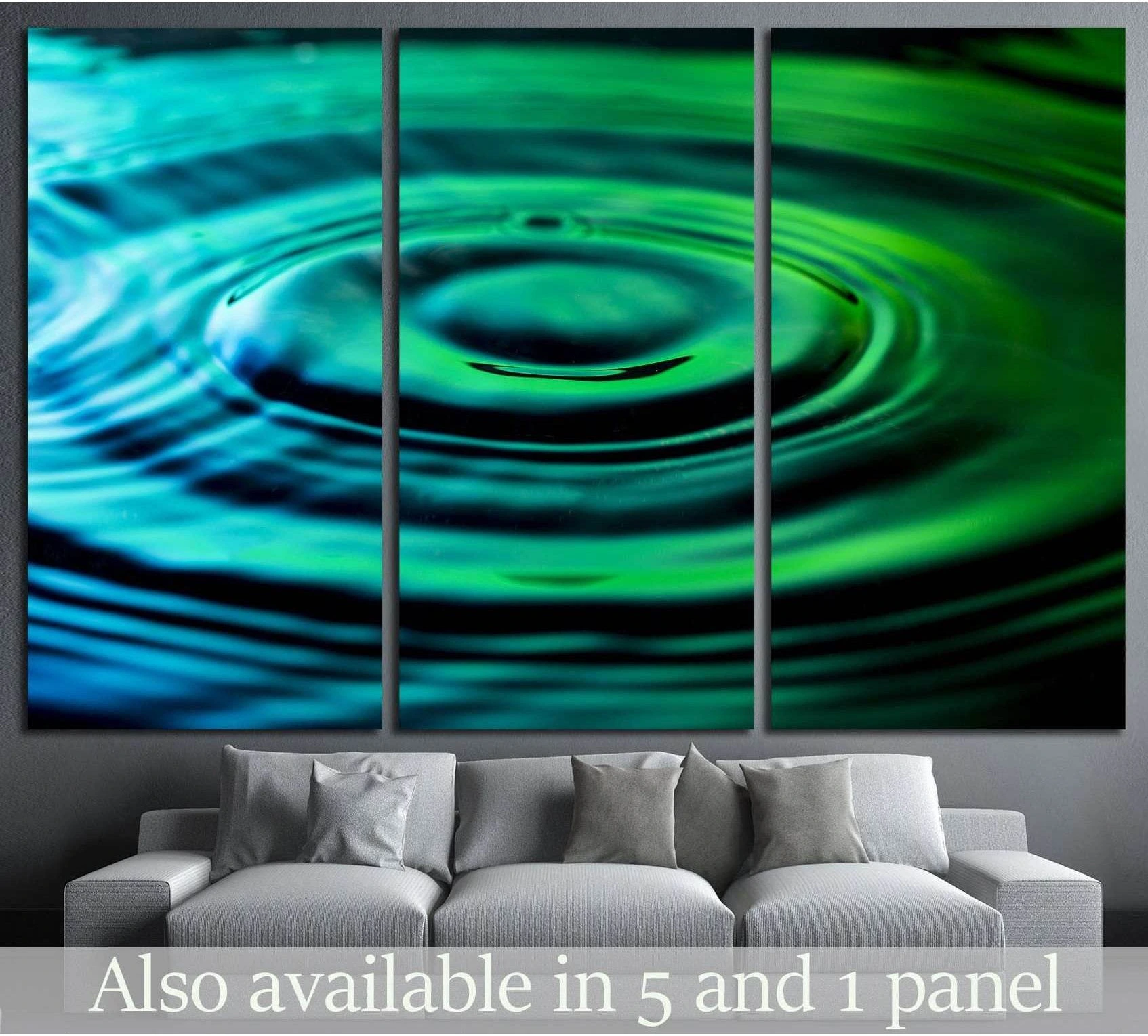 Teal and green water ripples triptych canvas print hung above a sofa in a modern living room