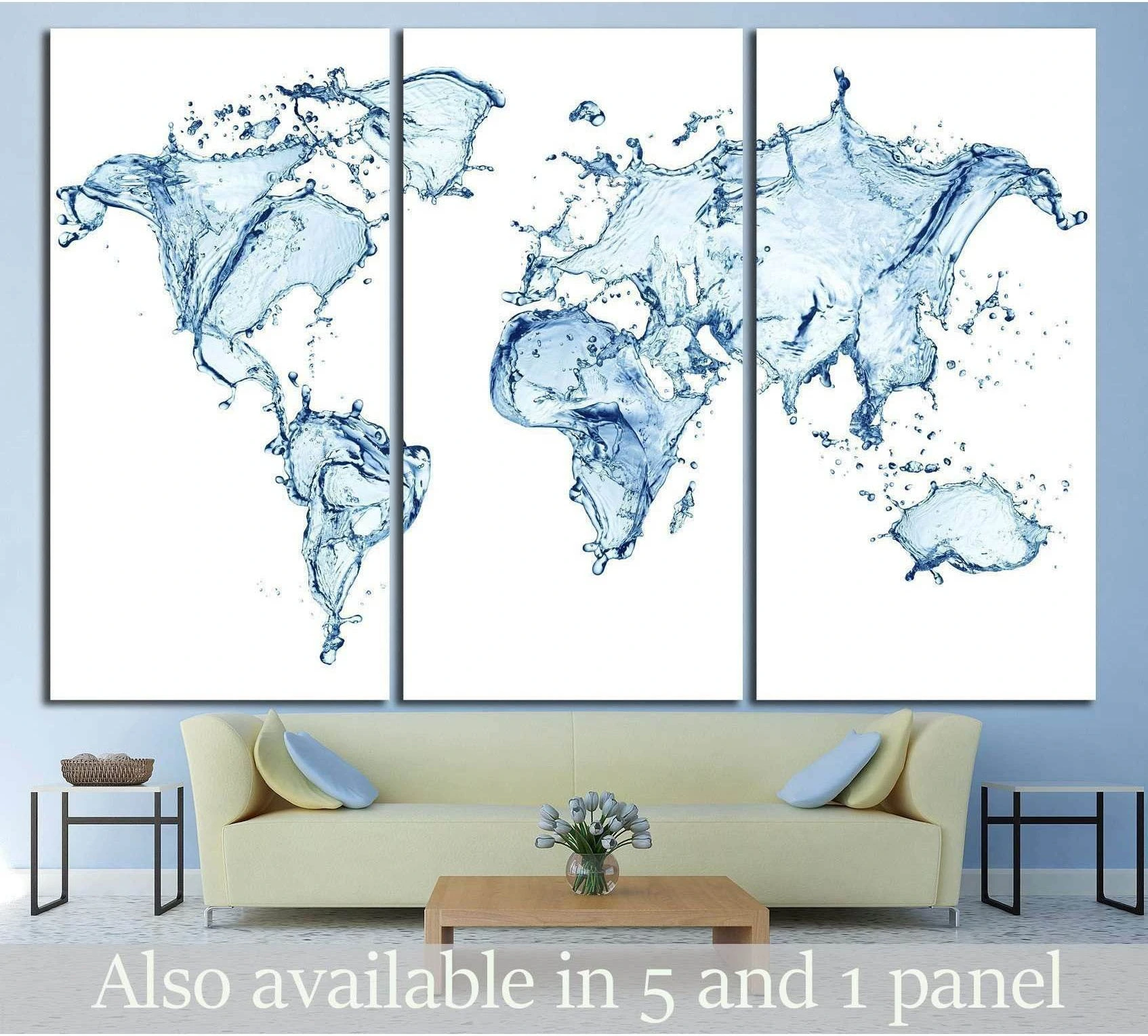 Blue water splash world map triptych canvas print above sofa in a modern living room