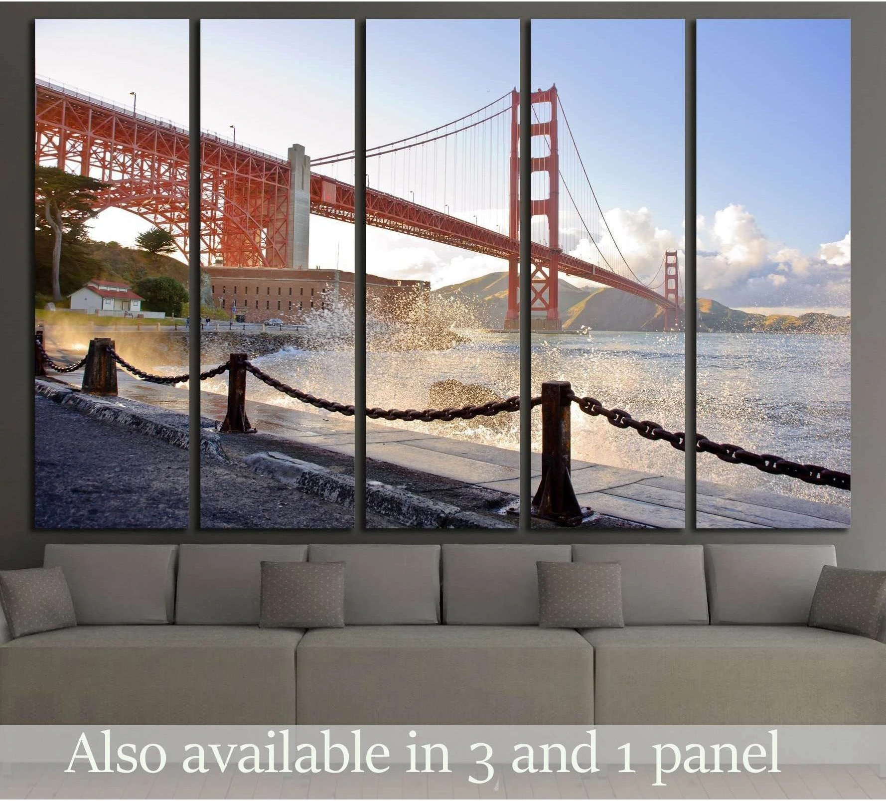 Golden Gate Bridge canvas print with waterfront wave splash above sofa in a modern living room