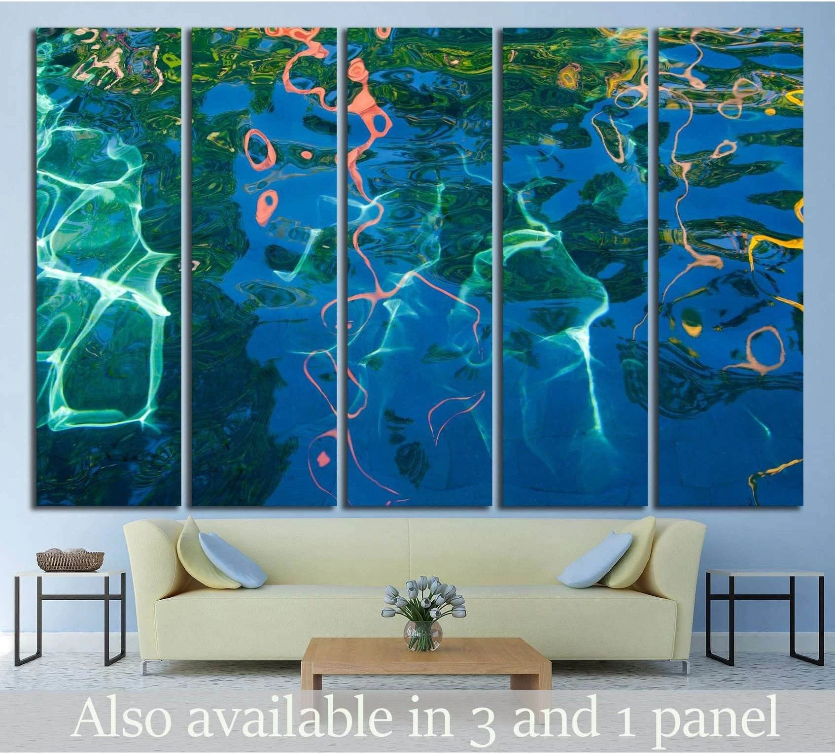 Blue water surface abstract canvas print in five panels above sofa in a modern living room