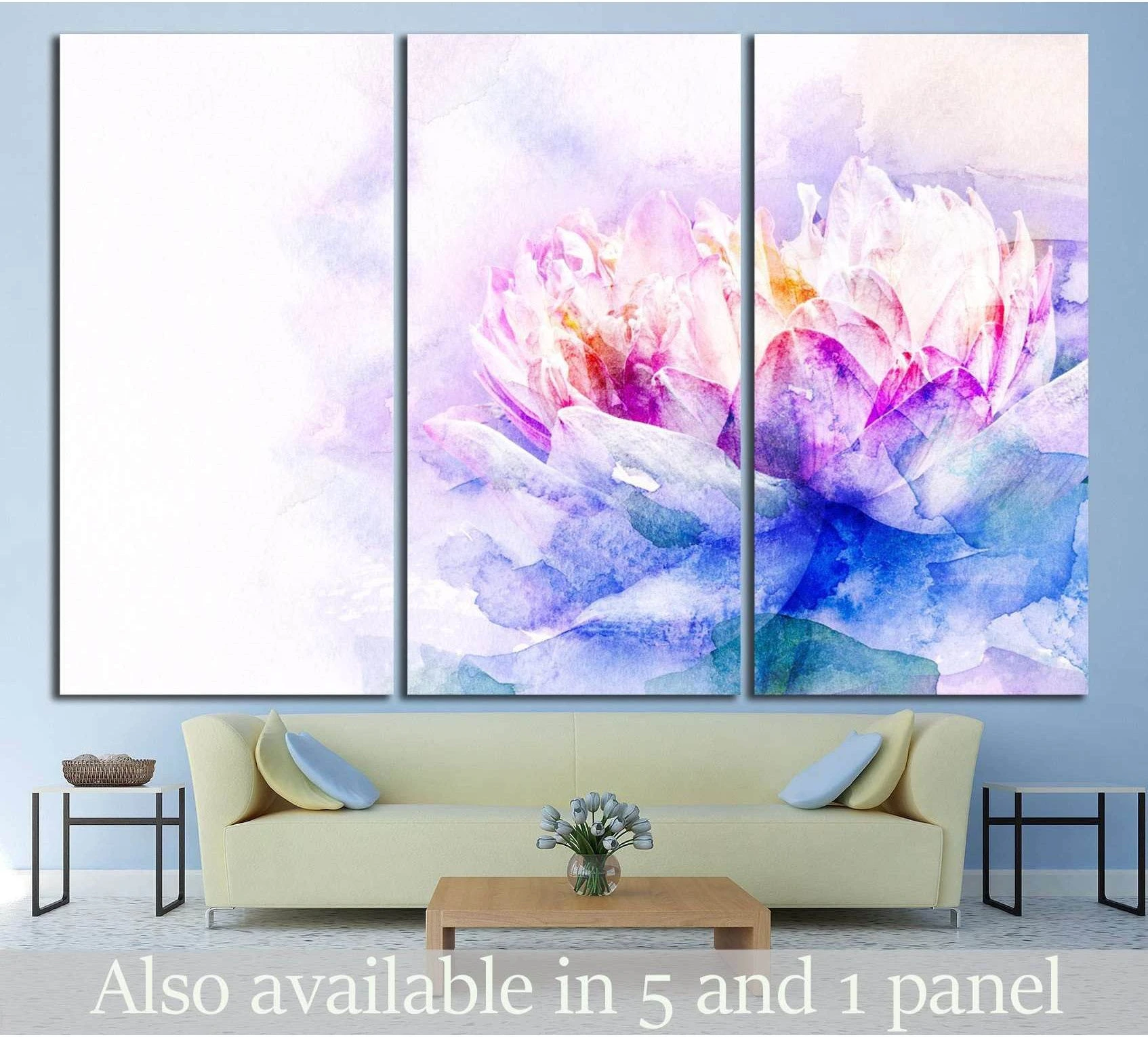 Pastel watercolor lotus canvas print in pink, lavender, and blue hung above a sofa