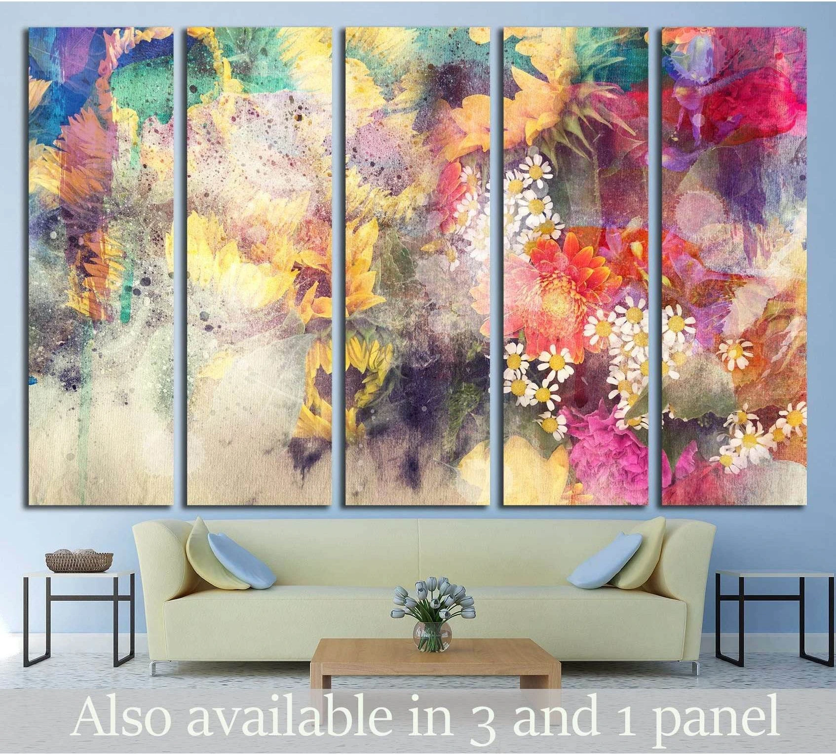 Five-panel watercolor floral canvas print with sunflowers and daisies in a modern living room