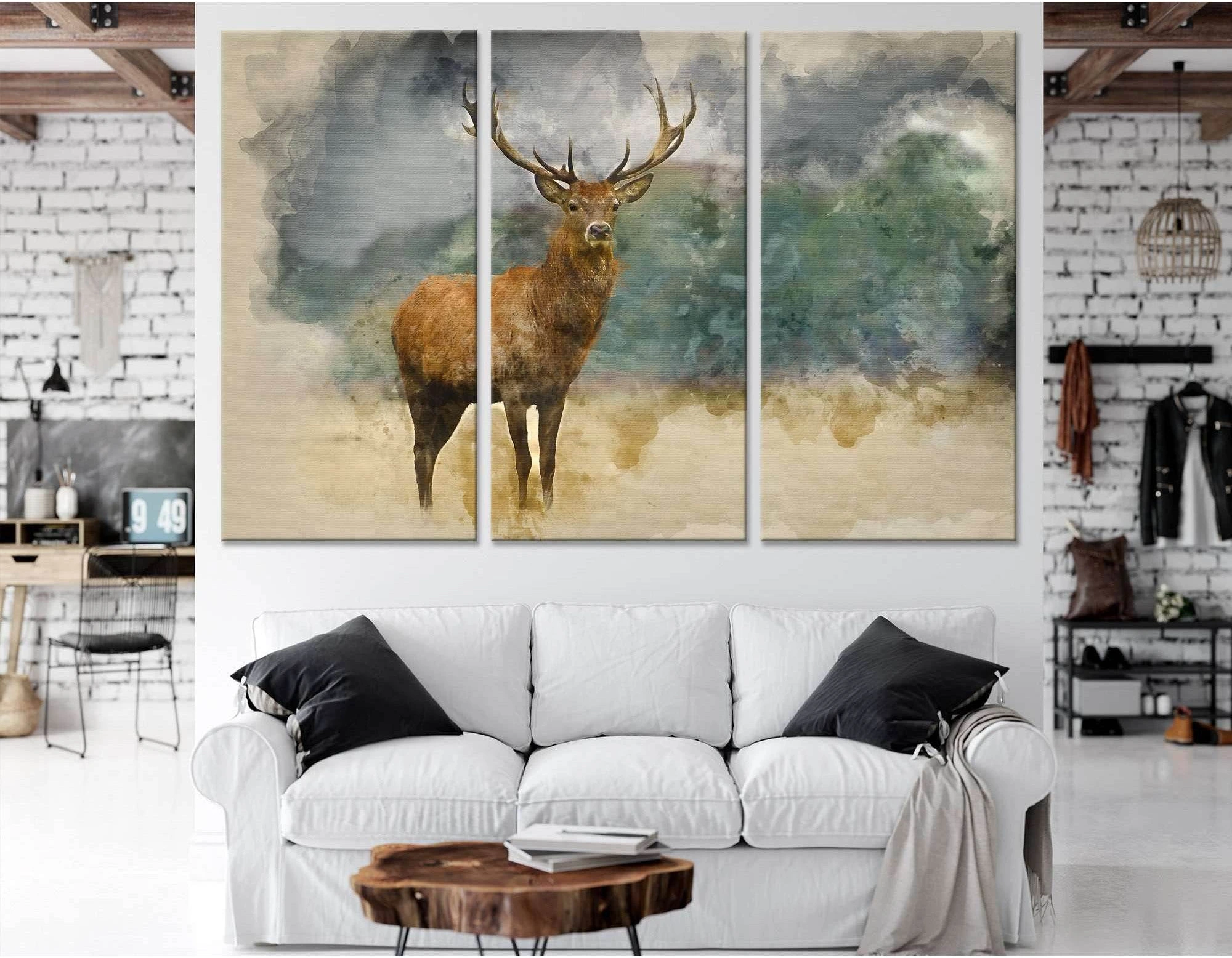 Watercolor painting of majestic red deer stag in Autumn Fall forest №04141 Ready to Hang Canvas Print - Zellart Canvas Prints ALL_Products