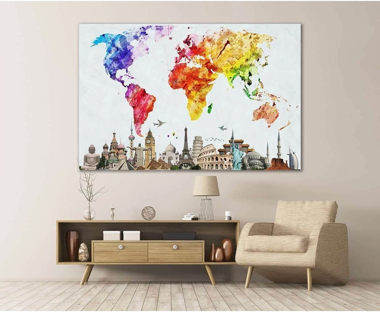 Watercolor World Map №103 Ready to Hang Canvas Print - Zellart Canvas Prints ALL_Products, autopostr_pinterest_65155, autopostr_pinterest_65157, autopostr_pinterest_65158, autopostr_pinterest_65160, wd-103