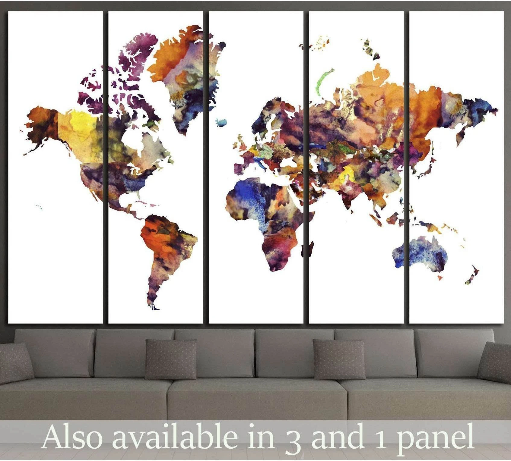 Five-panel watercolor world map canvas print above sofa in a modern living room