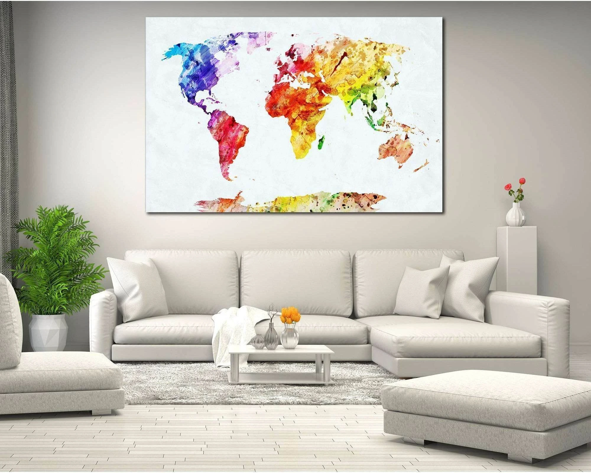 Five-panel watercolor world map with rainbow colour washes on a white background detail view