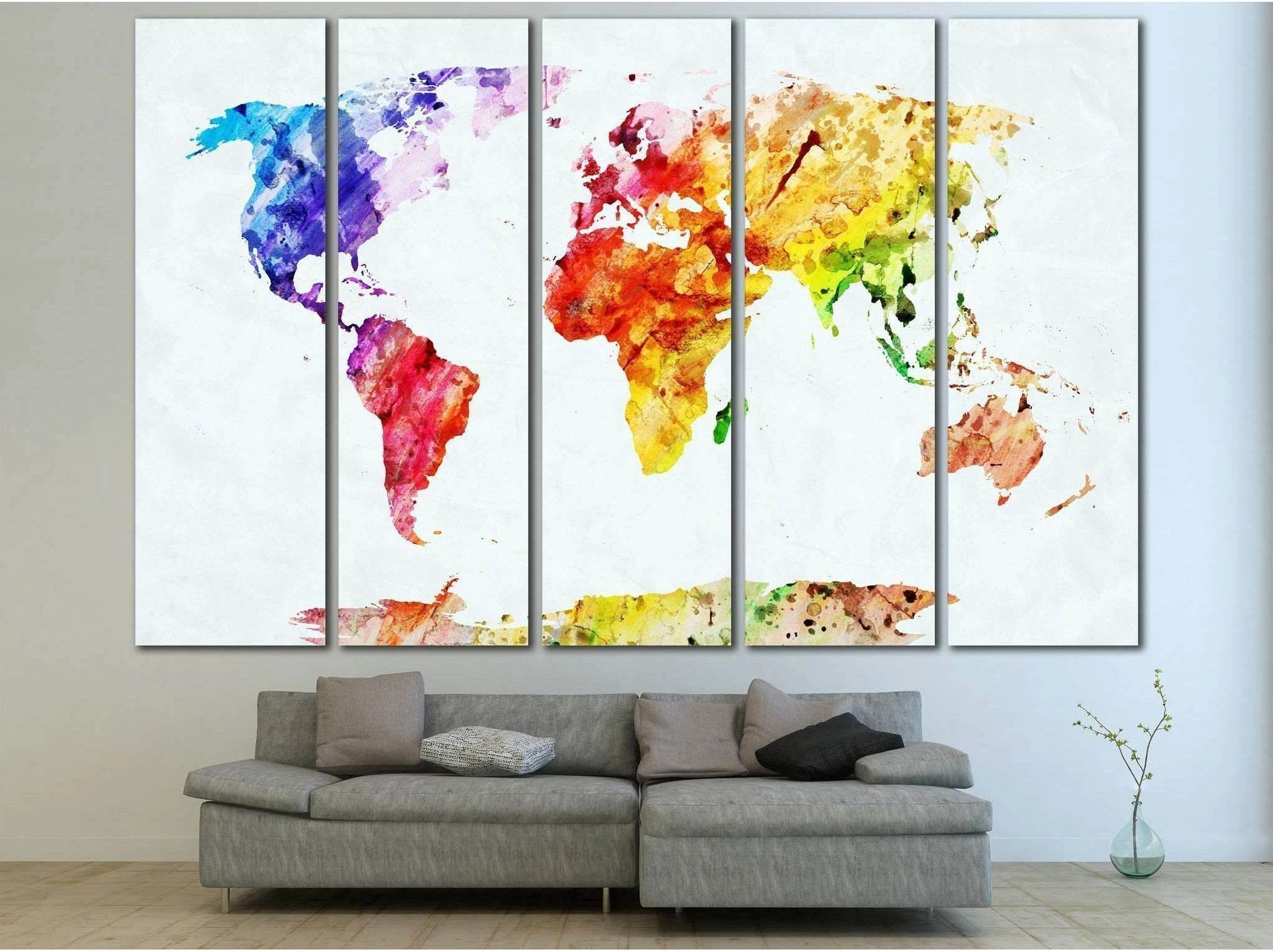 Five-panel watercolor world map with rainbow colour washes on a white background detail view