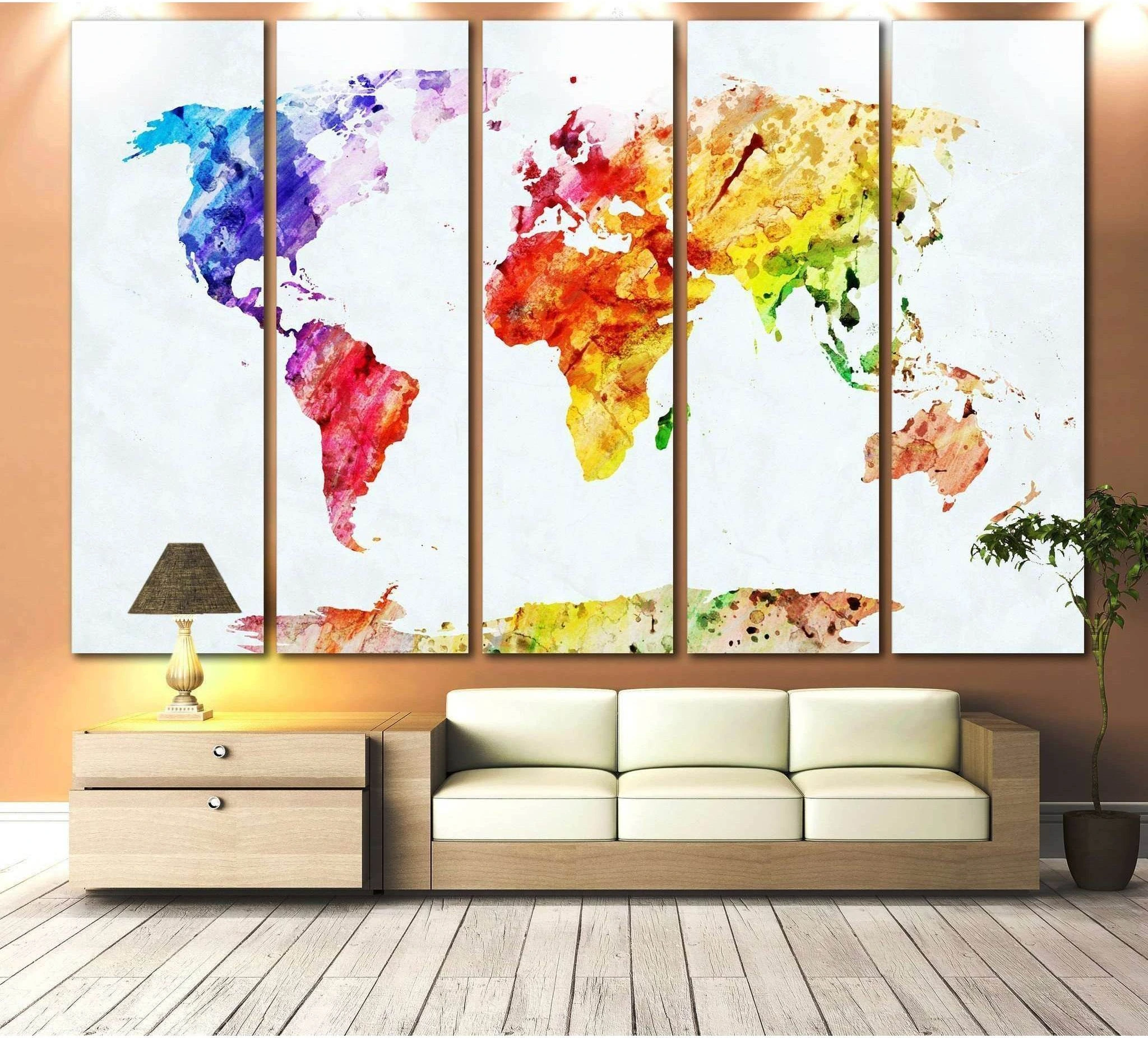 Rainbow Watercolour World Map Wall Art | Five-panel Colourful Map selected for maps and navigation memory in modern nautical wall art.