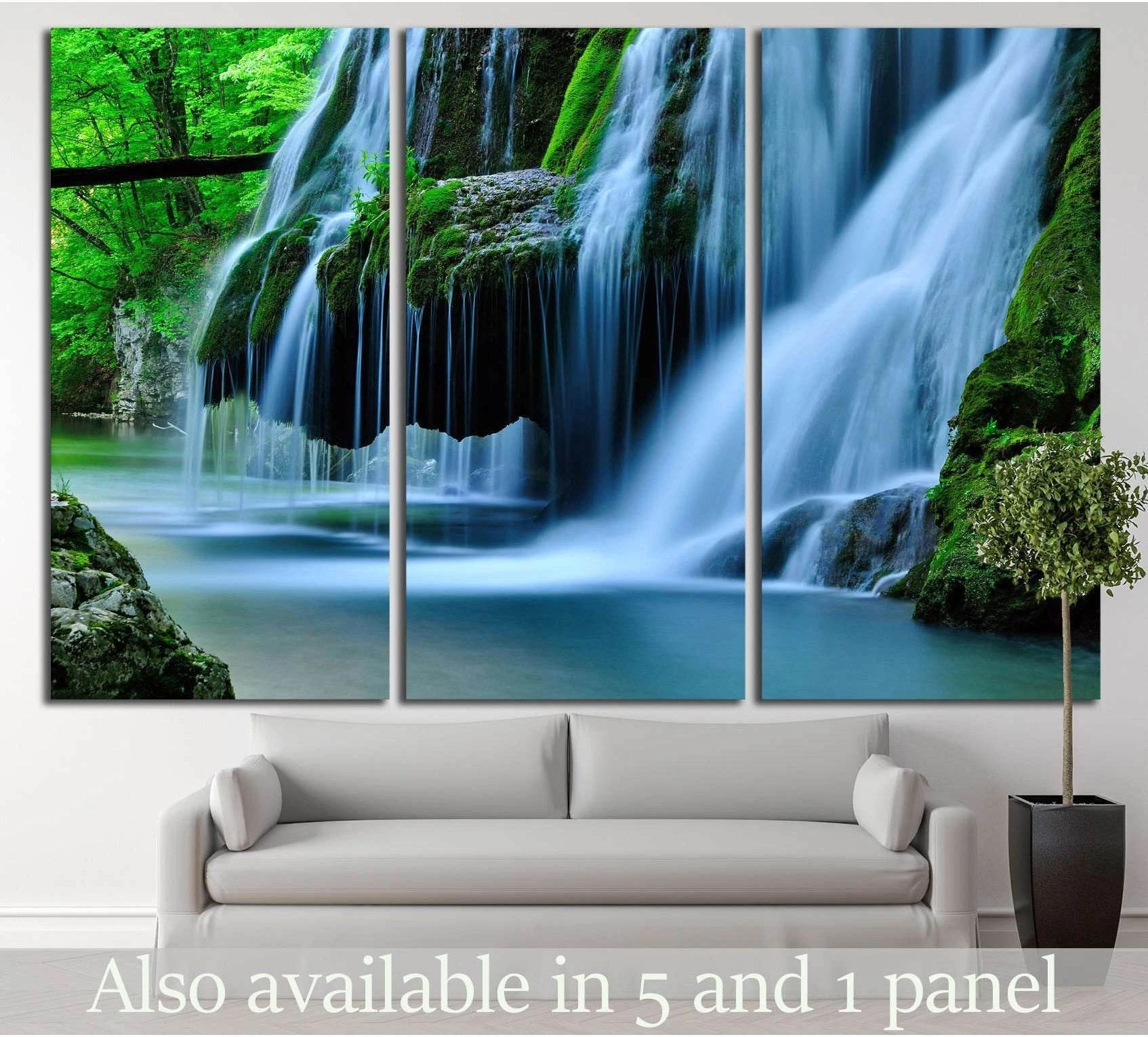Bigar Waterfall Romania canvas print triptych above sofa in a modern living room