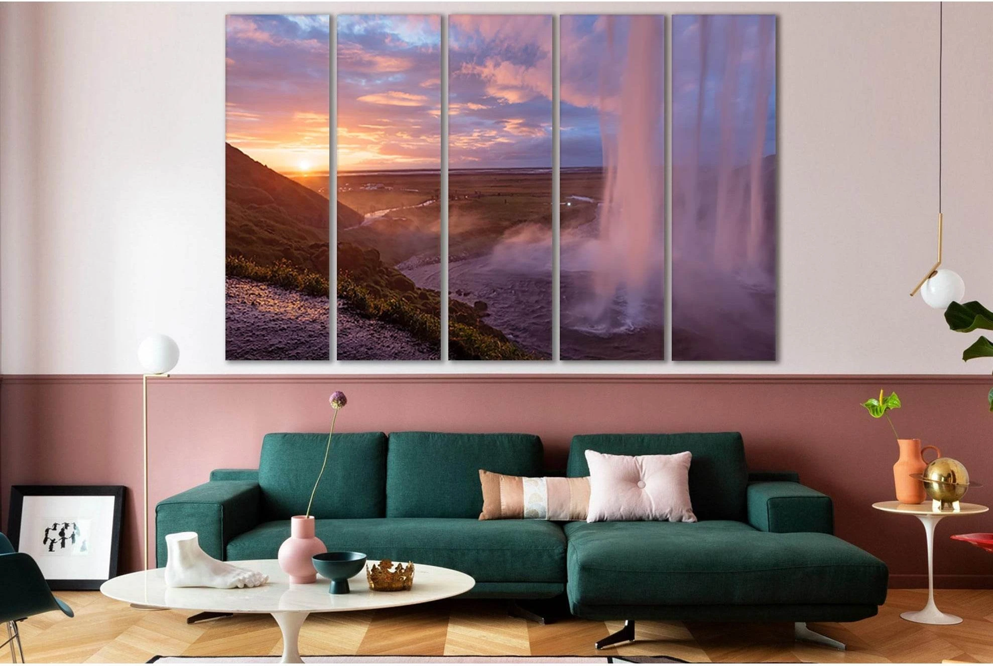 Waterfall During Sunset №SL266 Ready to Hang Canvas Print - Zellart Canvas Prints 0new, ALL_Products, SUNRISE & SUNSET WALL ART, Waterfall