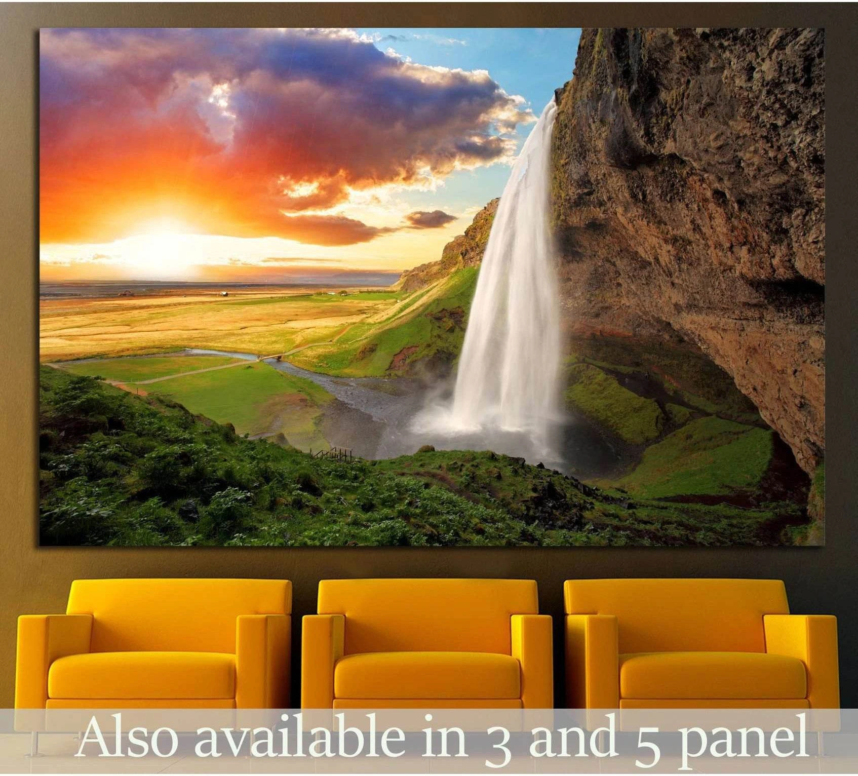 Seljalandsfoss waterfall canvas print in Iceland at sunset above chairs in a modern room