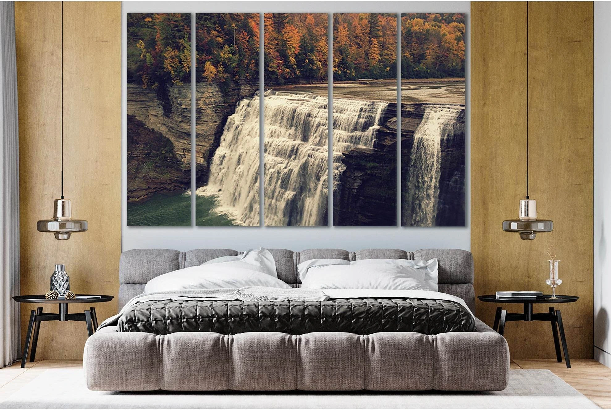 Waterfall In Autumn №SL458 Ready to Hang Canvas Print - Zellart Canvas Prints 0new, ALL_Products, Waterfall, Waterfall Wall Art