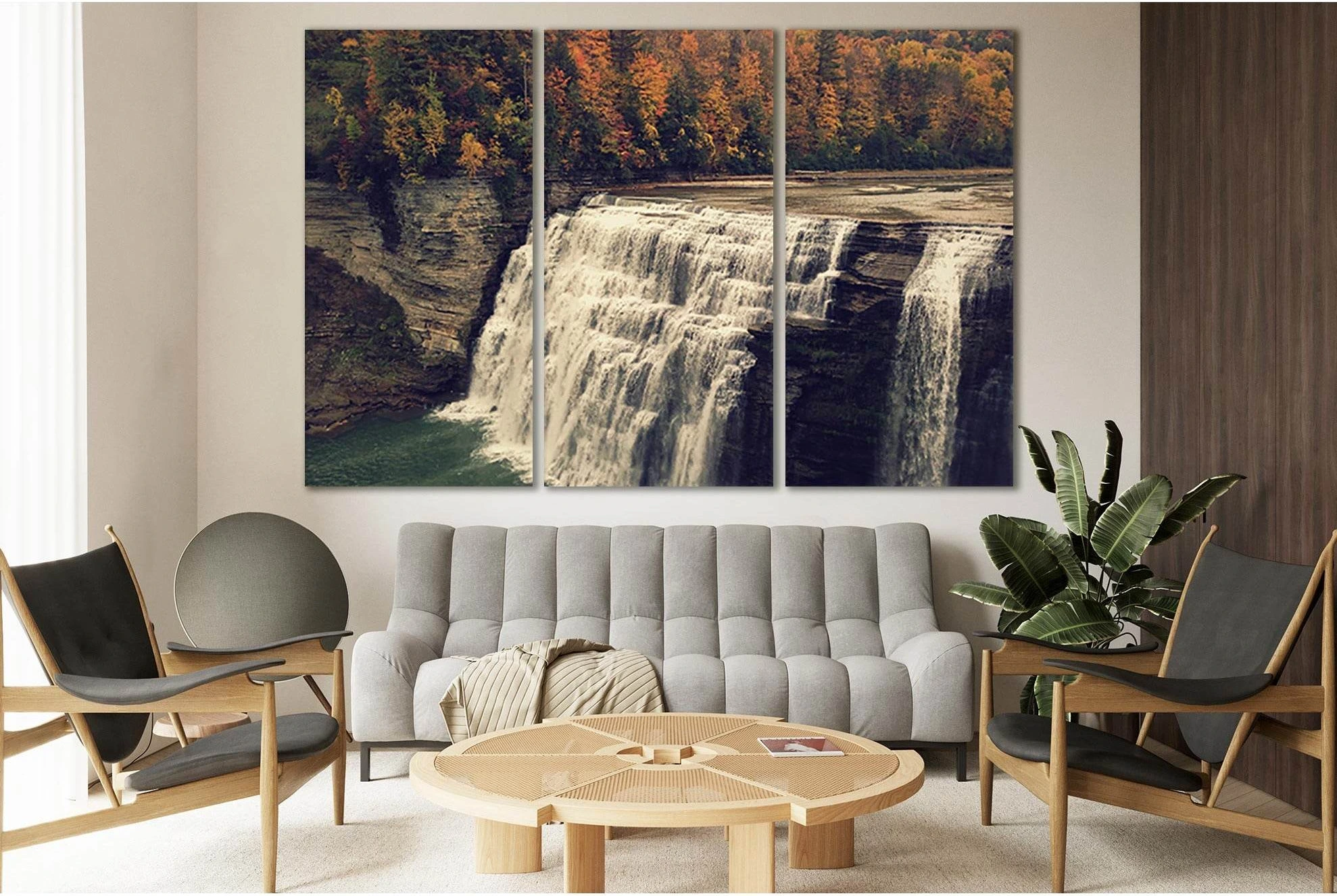 Waterfall In Autumn №SL458 Ready to Hang Canvas Print - Zellart Canvas Prints 0new, ALL_Products, Waterfall, Waterfall Wall Art