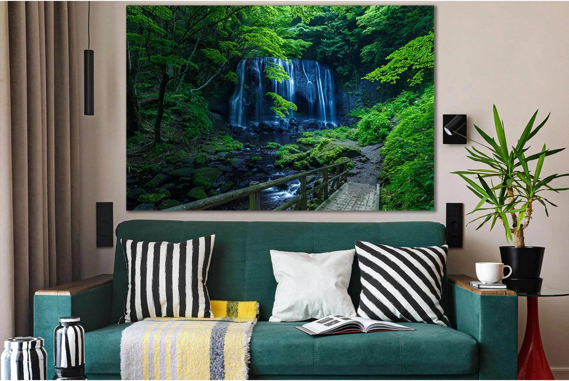 Waterfall In Deciduous Forest №SL1067 Ready to Hang Canvas Print - Zellart Canvas Prints 0new, ALL_Products, Trees Wall Art, Waterfall