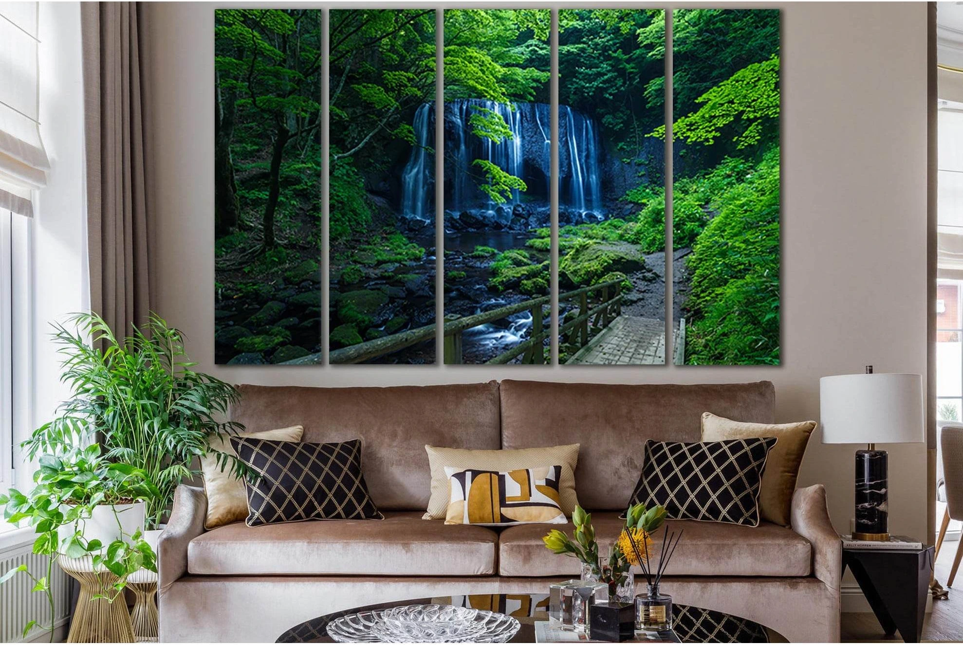 Waterfall In Deciduous Forest №SL1067 Ready to Hang Canvas Print - Zellart Canvas Prints 0new, ALL_Products, Trees Wall Art, Waterfall