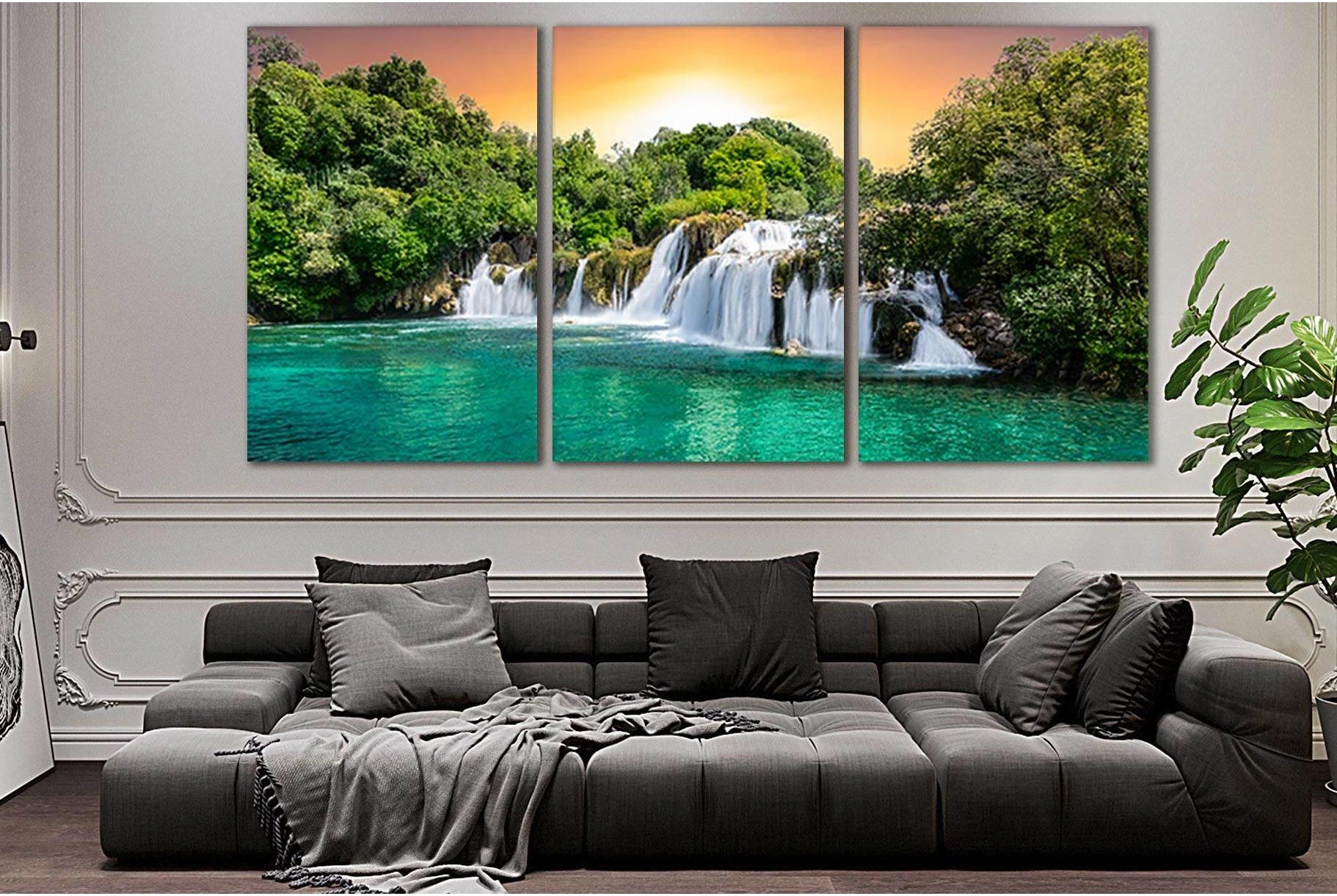 Waterfalls At Sunset №SL471 Ready to Hang Canvas Print - Zellart Canvas Prints 0new, ALL_Products, Waterfall, Waterfall Wall Art