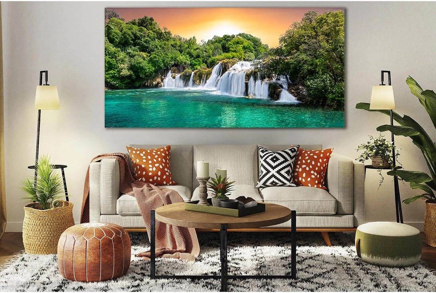 Waterfalls At Sunset №SL471 Ready to Hang Canvas Print - Zellart Canvas Prints 0new, ALL_Products, Waterfall, Waterfall Wall Art
