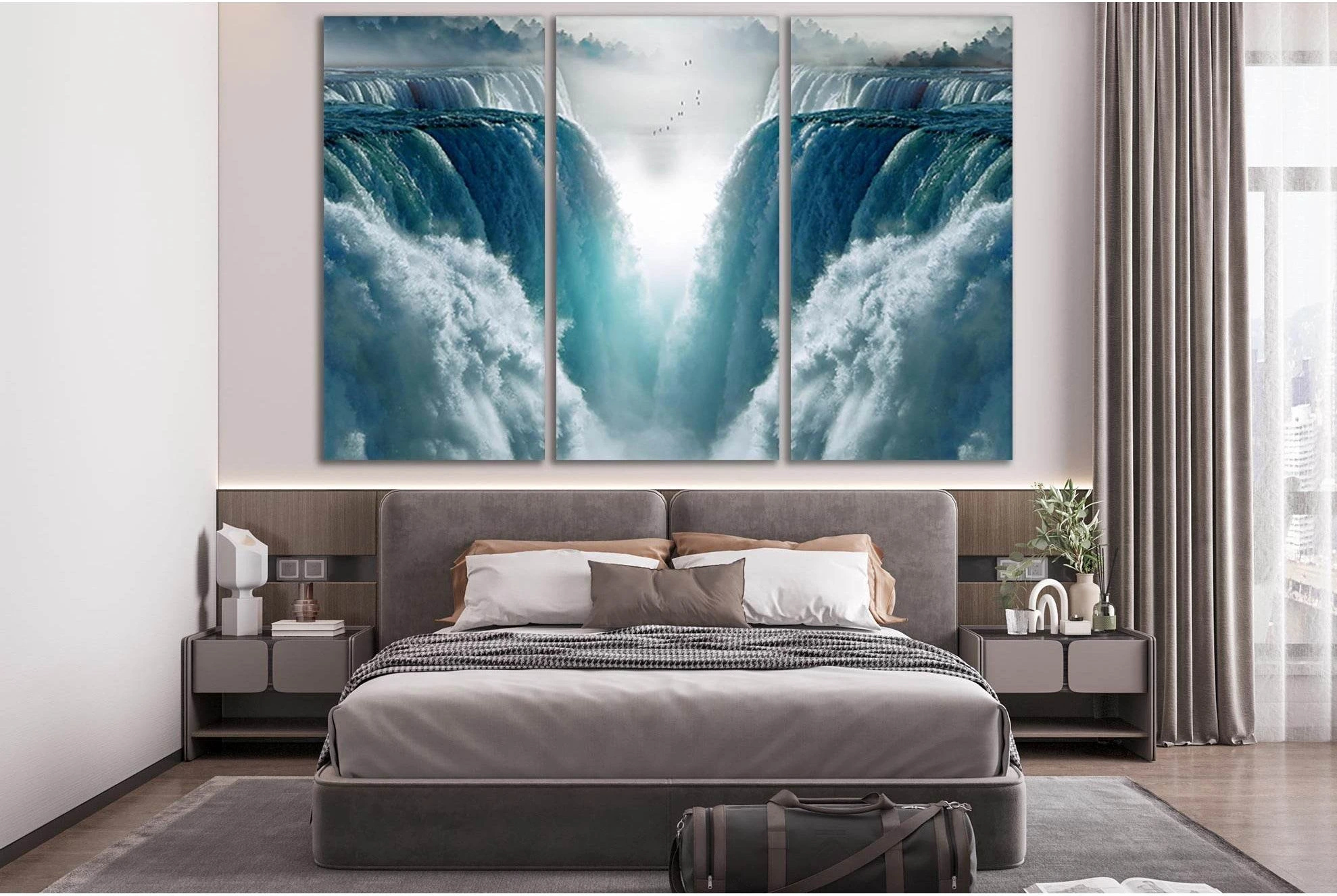 Blue and teal fantasy waterfall with misty white spray and grey-blue haze detail view