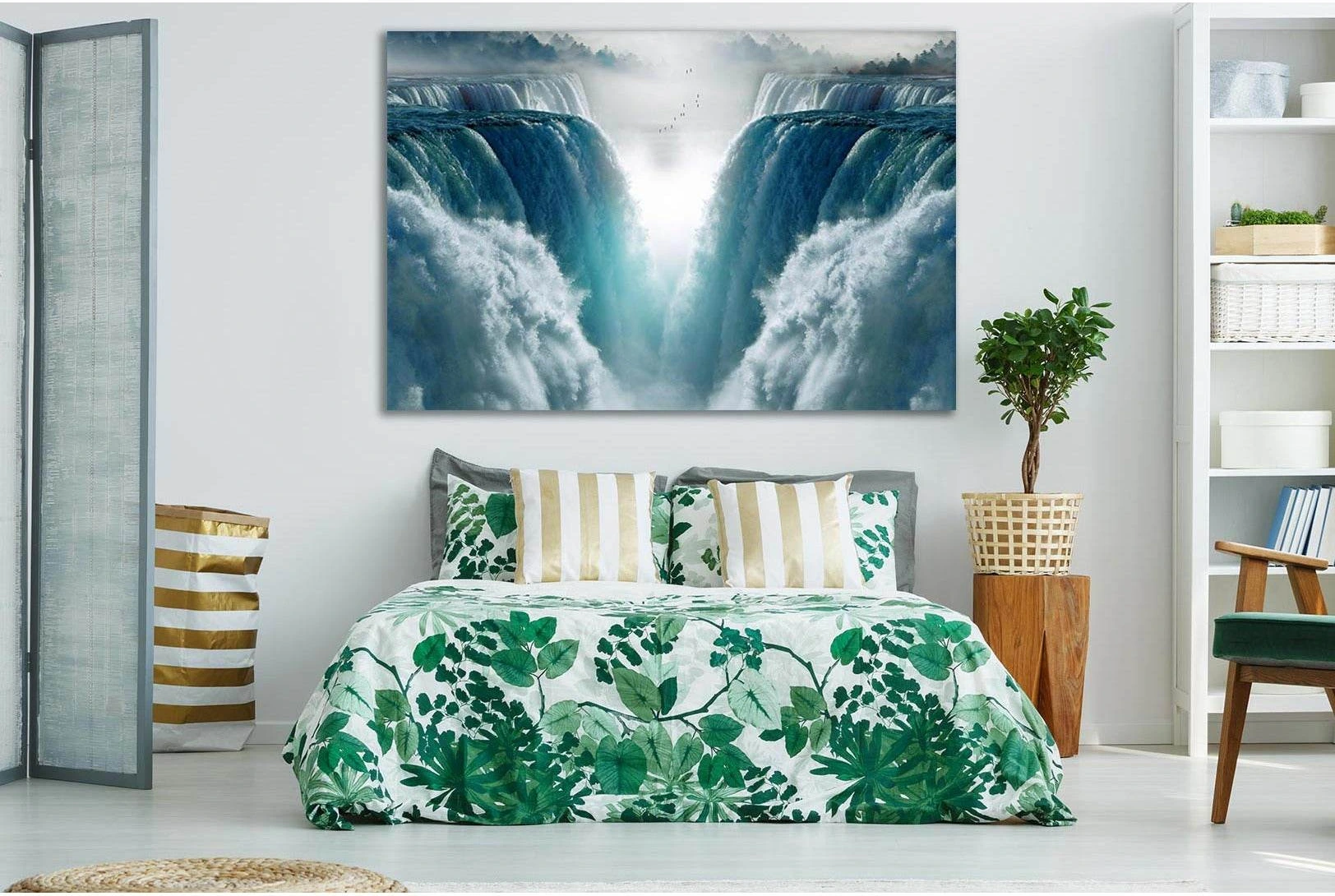 Blue and teal fantasy waterfall with misty white spray and grey-blue haze detail view