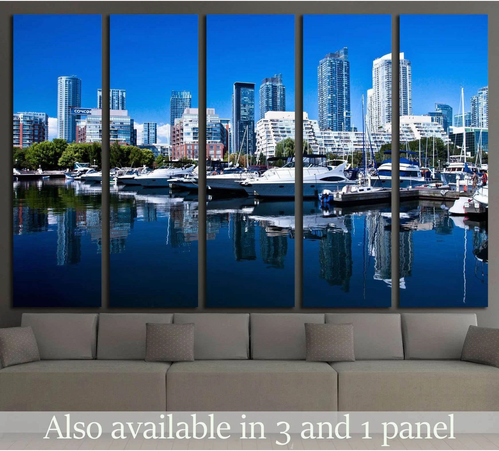 Toronto marina canvas print with yachts, waterfront skyline, and blue reflections above a sofa