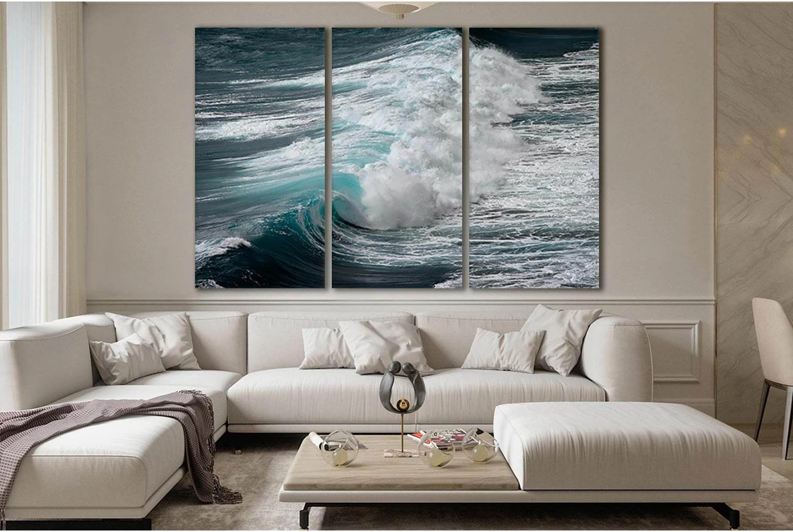 Navy Blue Ocean Wave Triptych Canvas Print for Wall Art showing ocean water, wave movement and surf.