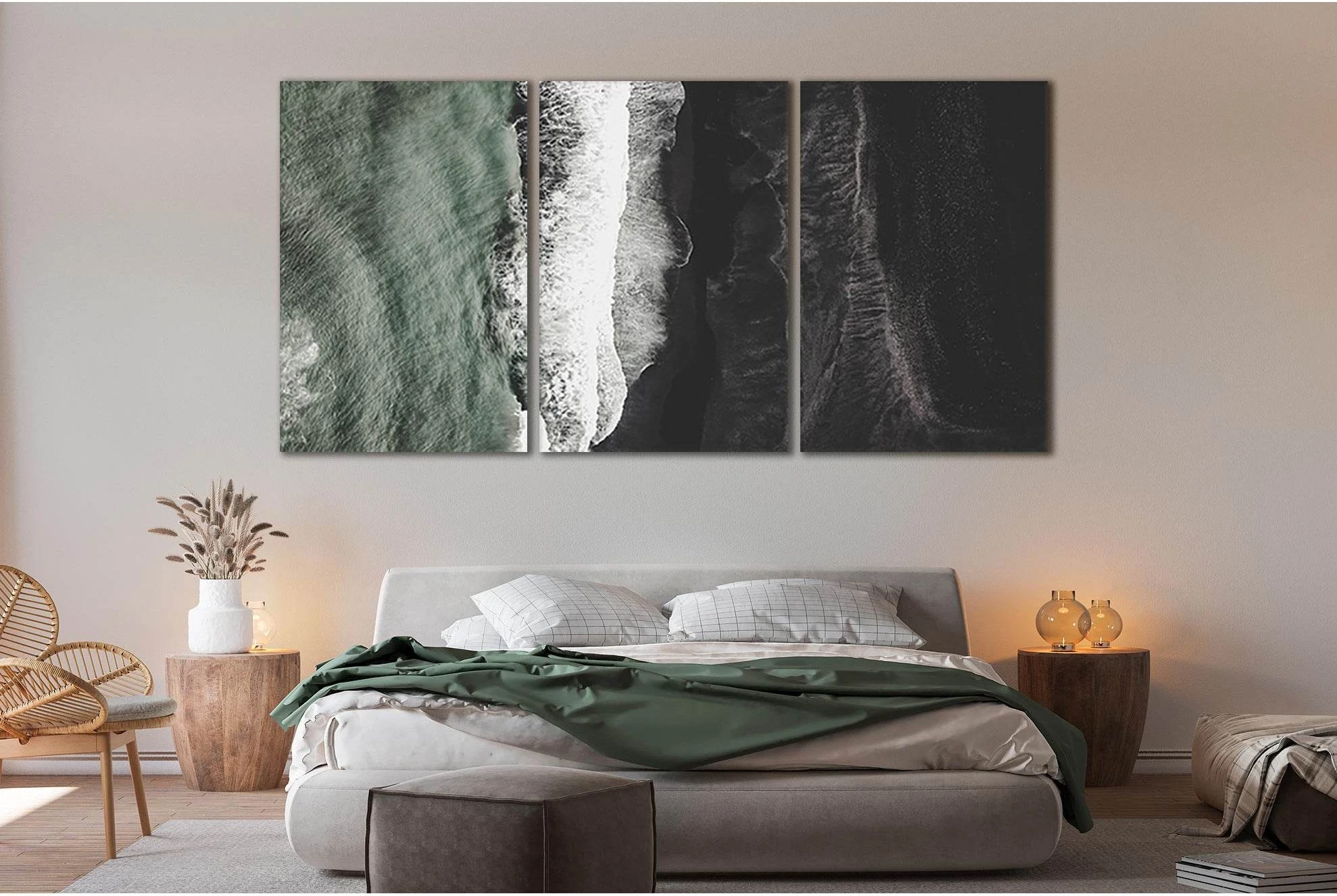 Black & White Ocean Waves Triptych Canvas Wall Art selected as foam, waves and open water with water movement and sea texture.