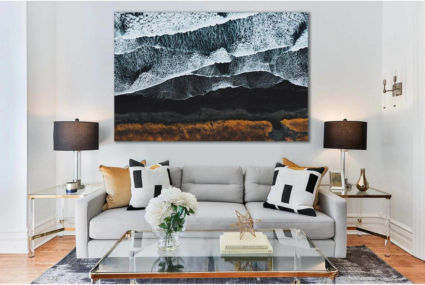 Ocean Waves By The Shore Canvas Print, Charcoal Grey Sea selected as foam, waves and open water with coastline and depth cues.