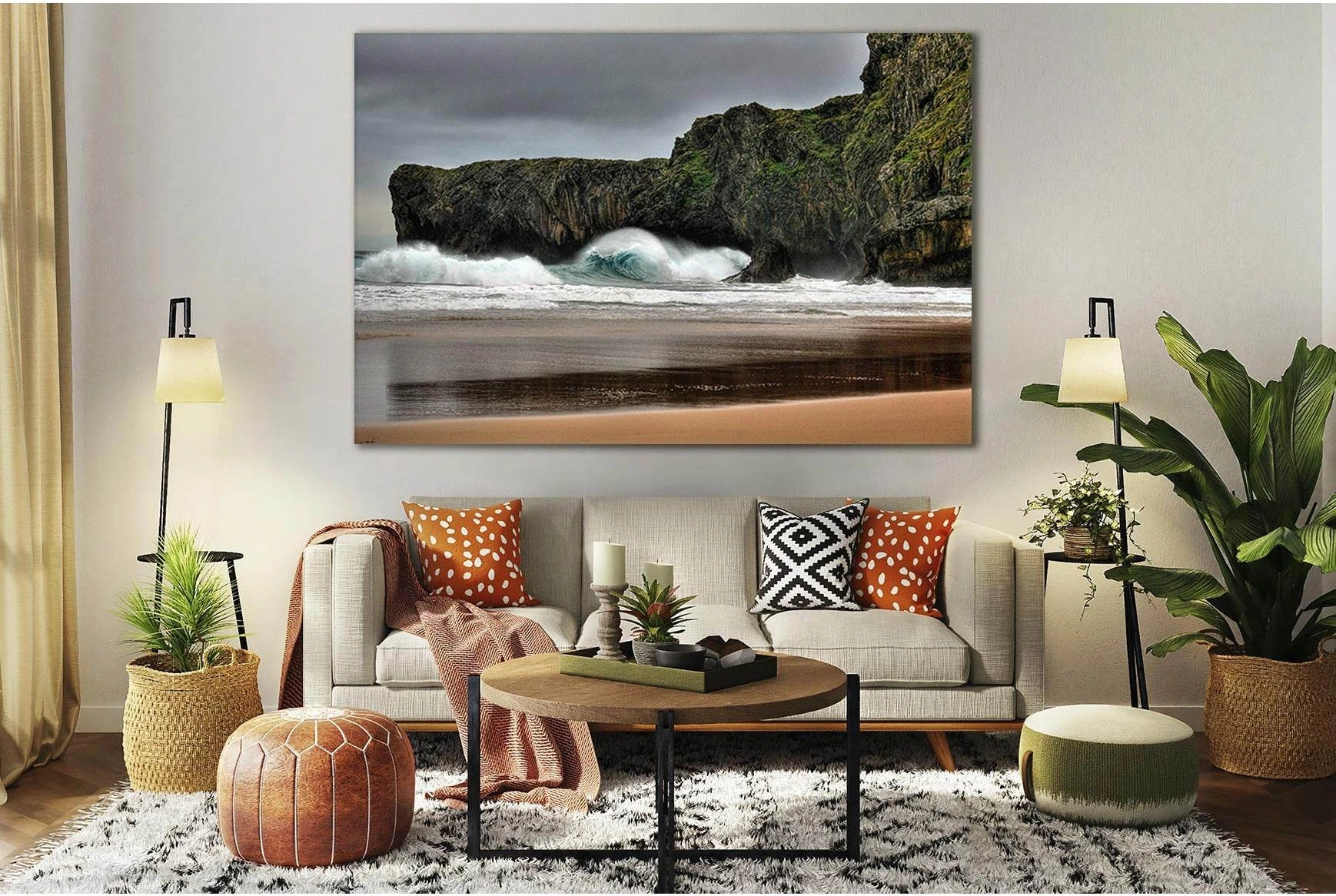 Dramatic Ocean Waves on Rocky Shoreline Canvas Print shown as slate blue ocean canvas wall art with visible sea, horizon or wave colour.