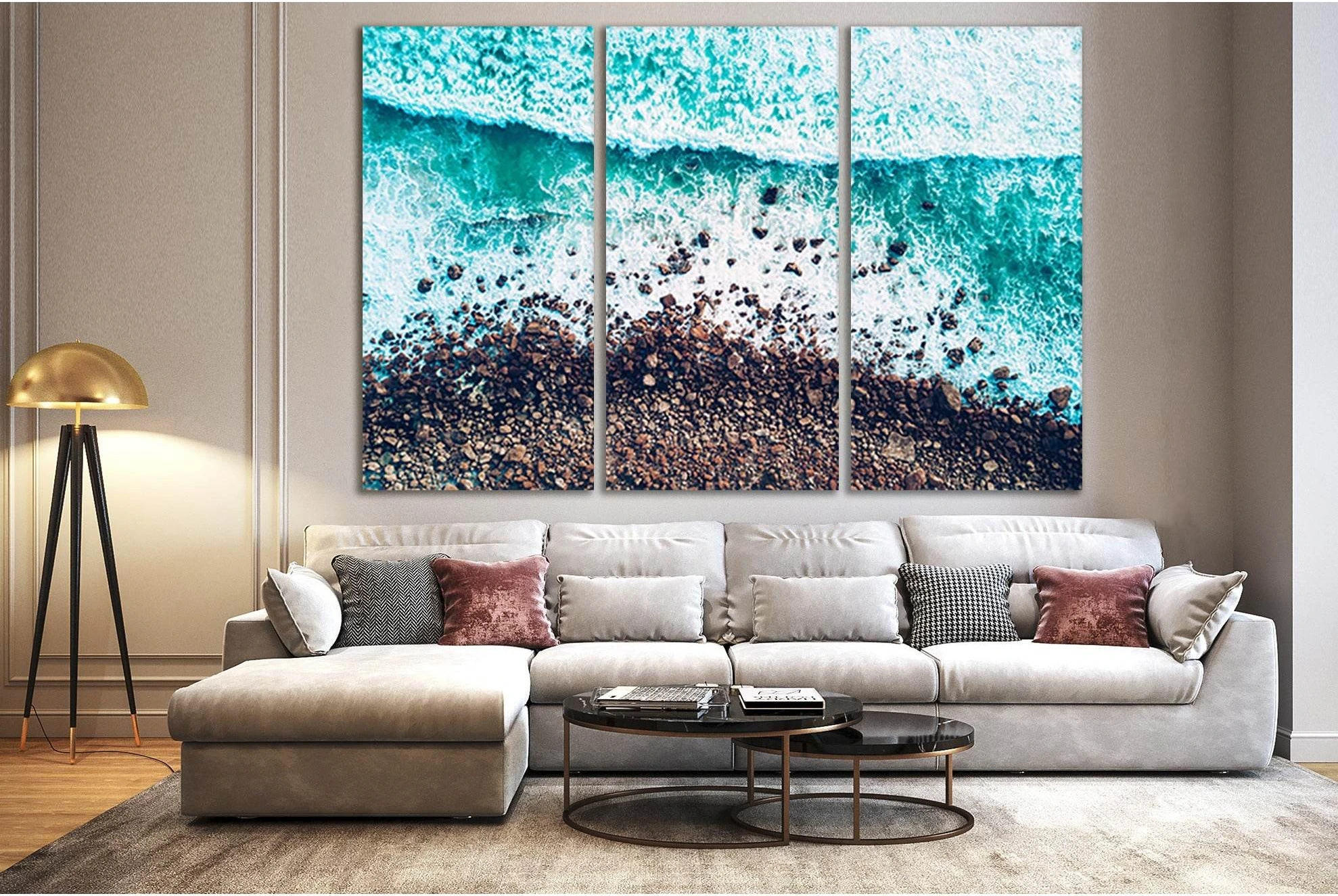 Waves Splashing on Boulder Beach Wall Art Canvas Print showing ocean water, wave movement and surf.