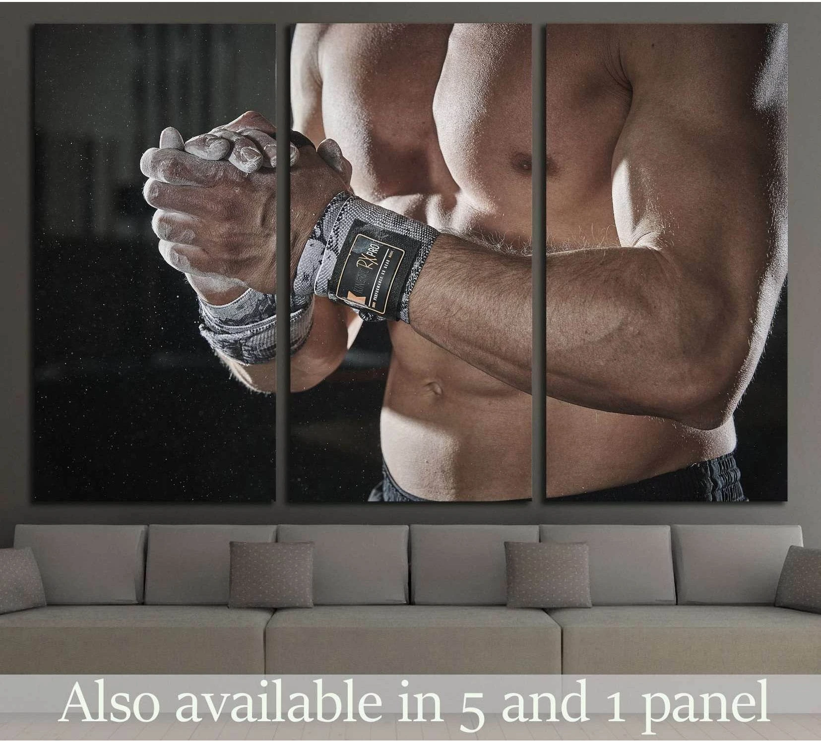 Triptych weightlifting canvas print with chalked hands and muscular torso above a sofa