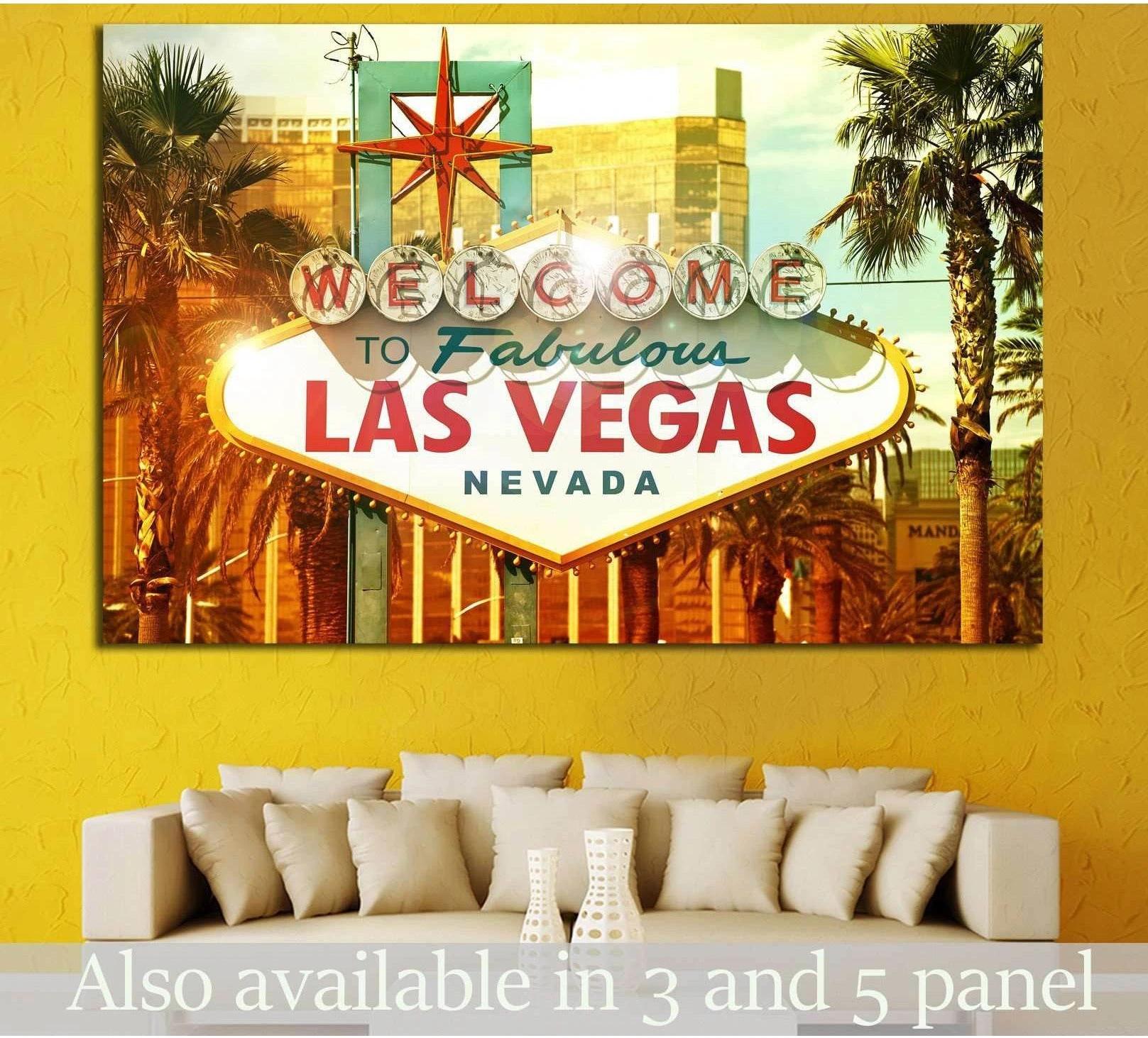 Welcome to Fabulous Las Vegas sign canvas print with palm trees in a warm retro city scene