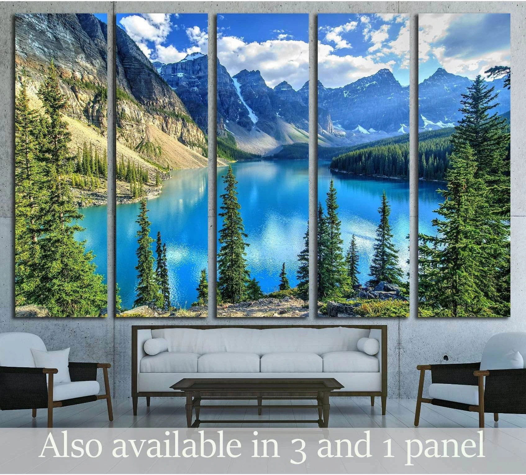 Moraine Lake canvas print with turquoise water, pine trees, and Banff mountain peaks above a sofa