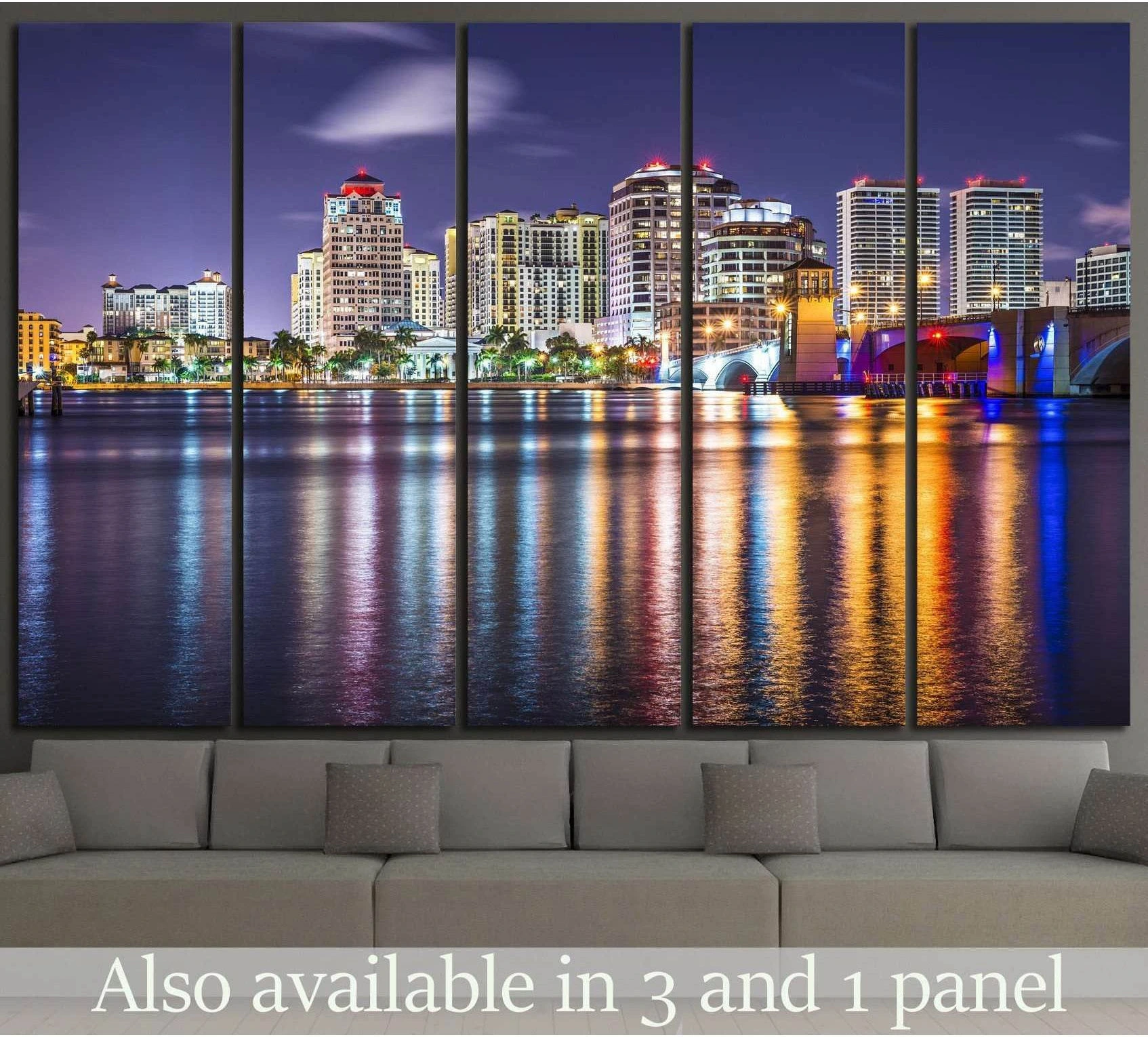 West Palm Beach night skyline canvas print above sofa with waterfront reflections