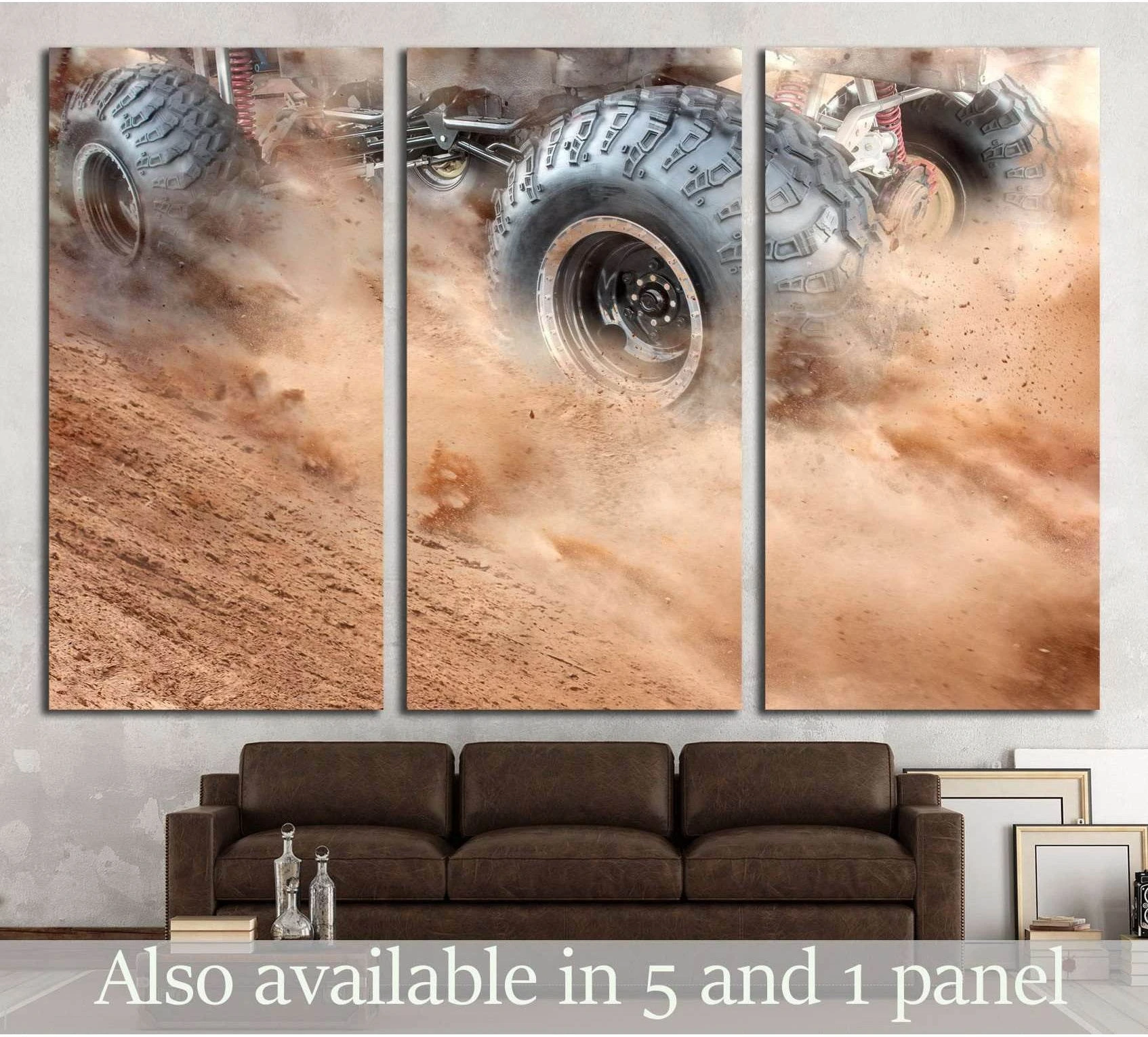 Off-road truck tire canvas print with dust clouds and rugged 4x4 action shown as a triptych above a sofa