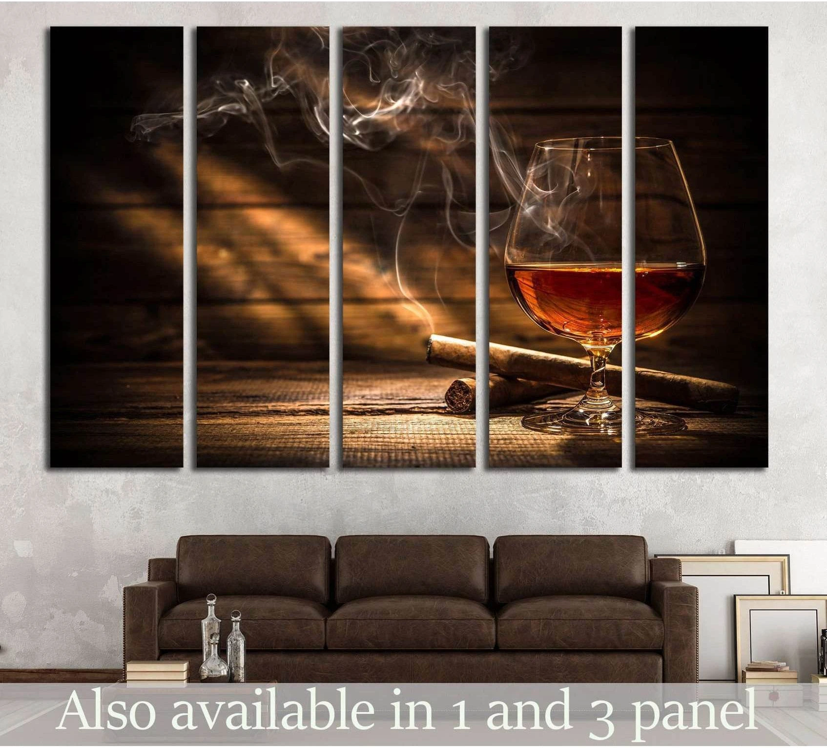 Whiskey and cigar canvas print with amber glass, rustic wood, and drifting smoke above a sofa in a lounge-style room