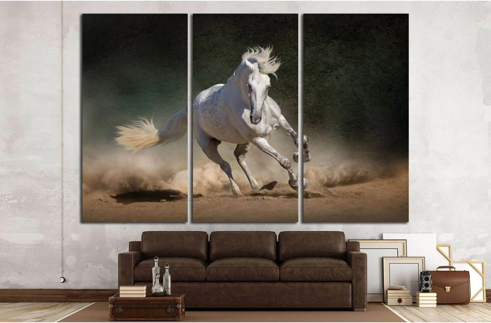 White andalusian horse in desert dust against dark background №1855 Ready to Hang Canvas Print - Zellart Canvas Prints ALL_Products, Horses, s-1855