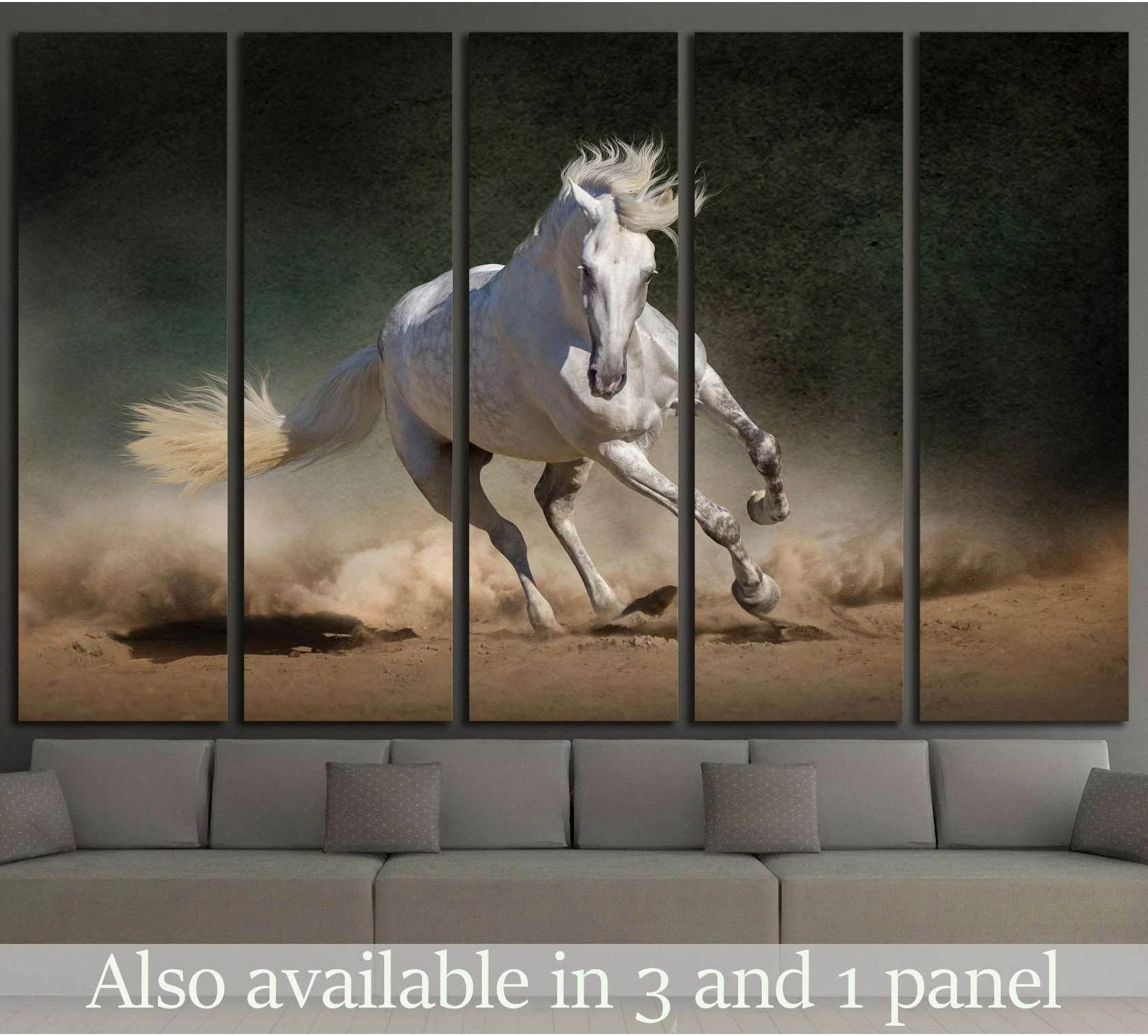 White Andalusian horse canvas print running through desert dust above sofa
