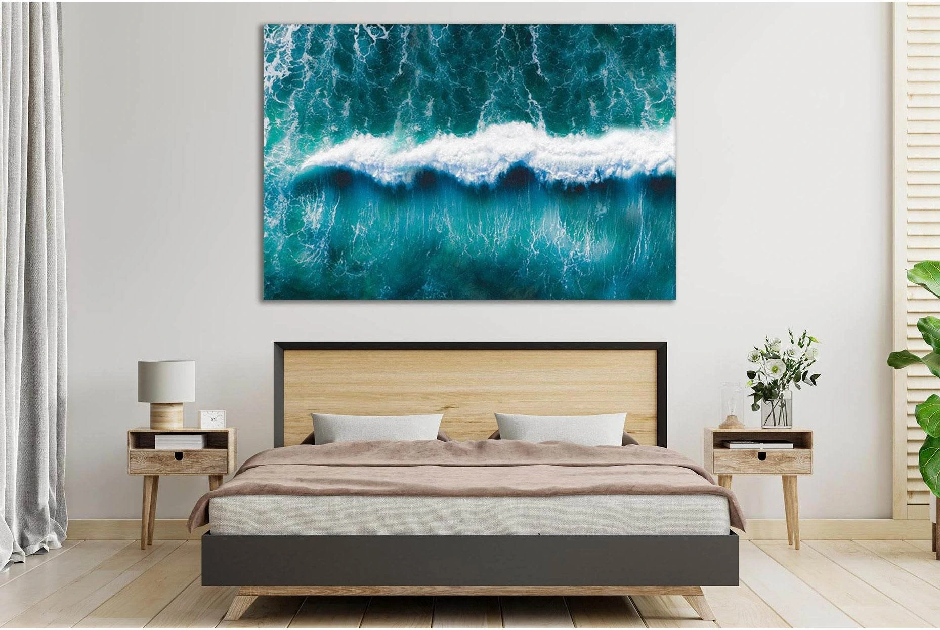 Teal Ocean Wave Canvas Wall Art with White Foam Band showing ocean water, wave movement and surf.