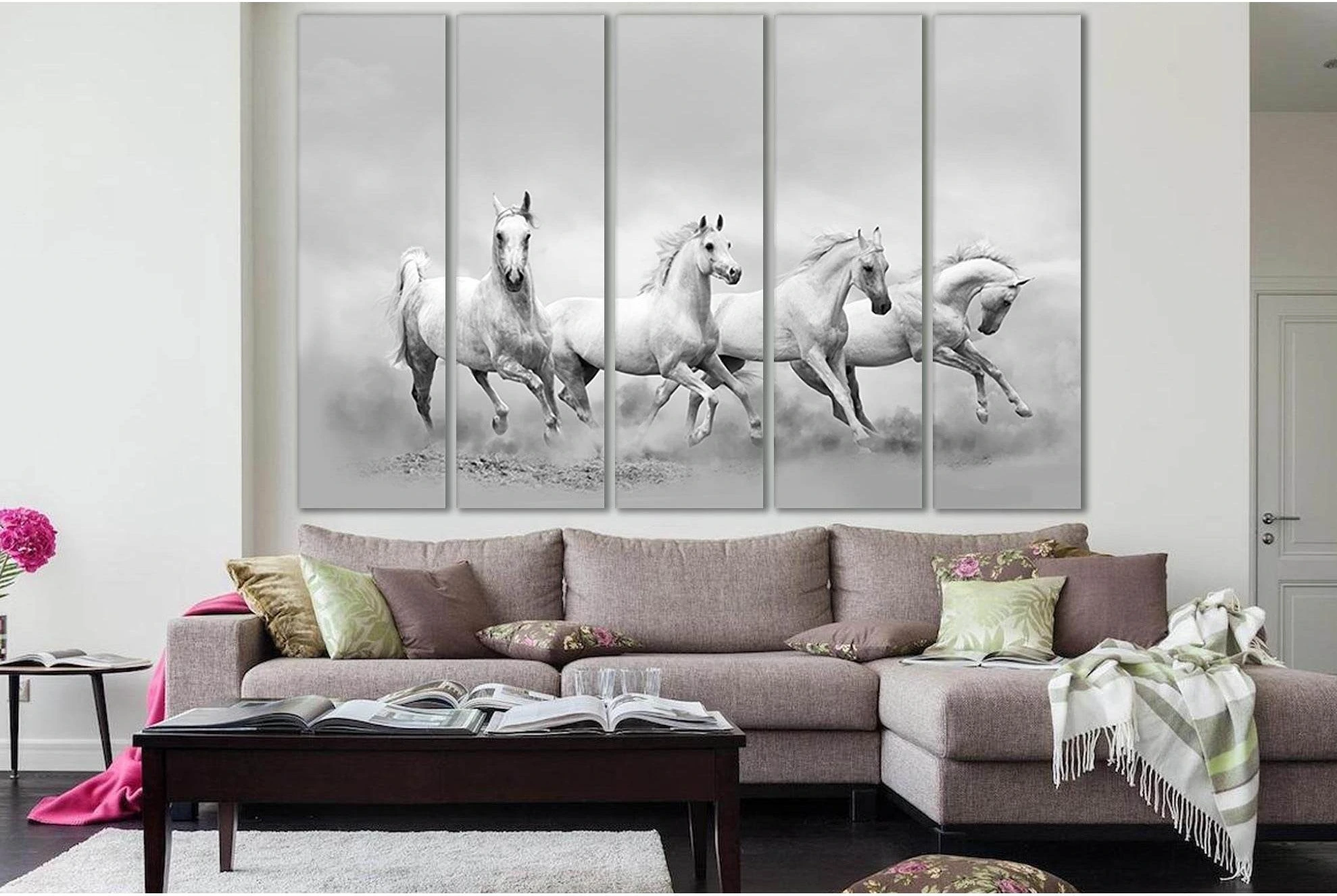 White Horses Running Wild №SL888 Ready to Hang Canvas Print - Zellart Canvas Prints 0new, ALL_Products, Black & White Wall Art, Horses