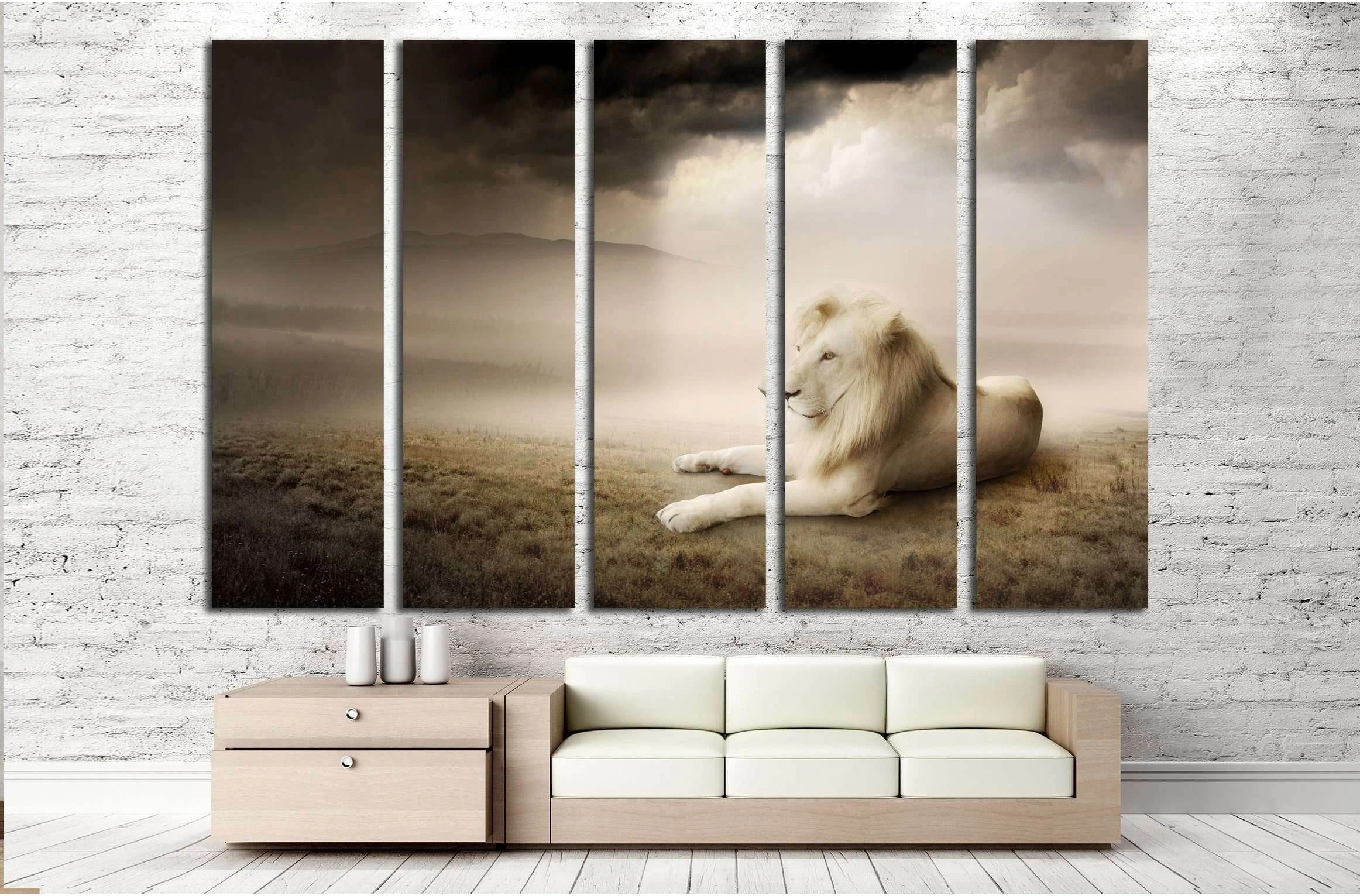 White lion at sunset №2789 Ready to Hang Canvas Print - Zellart Canvas Prints ALL_Products, Lion, s-2789