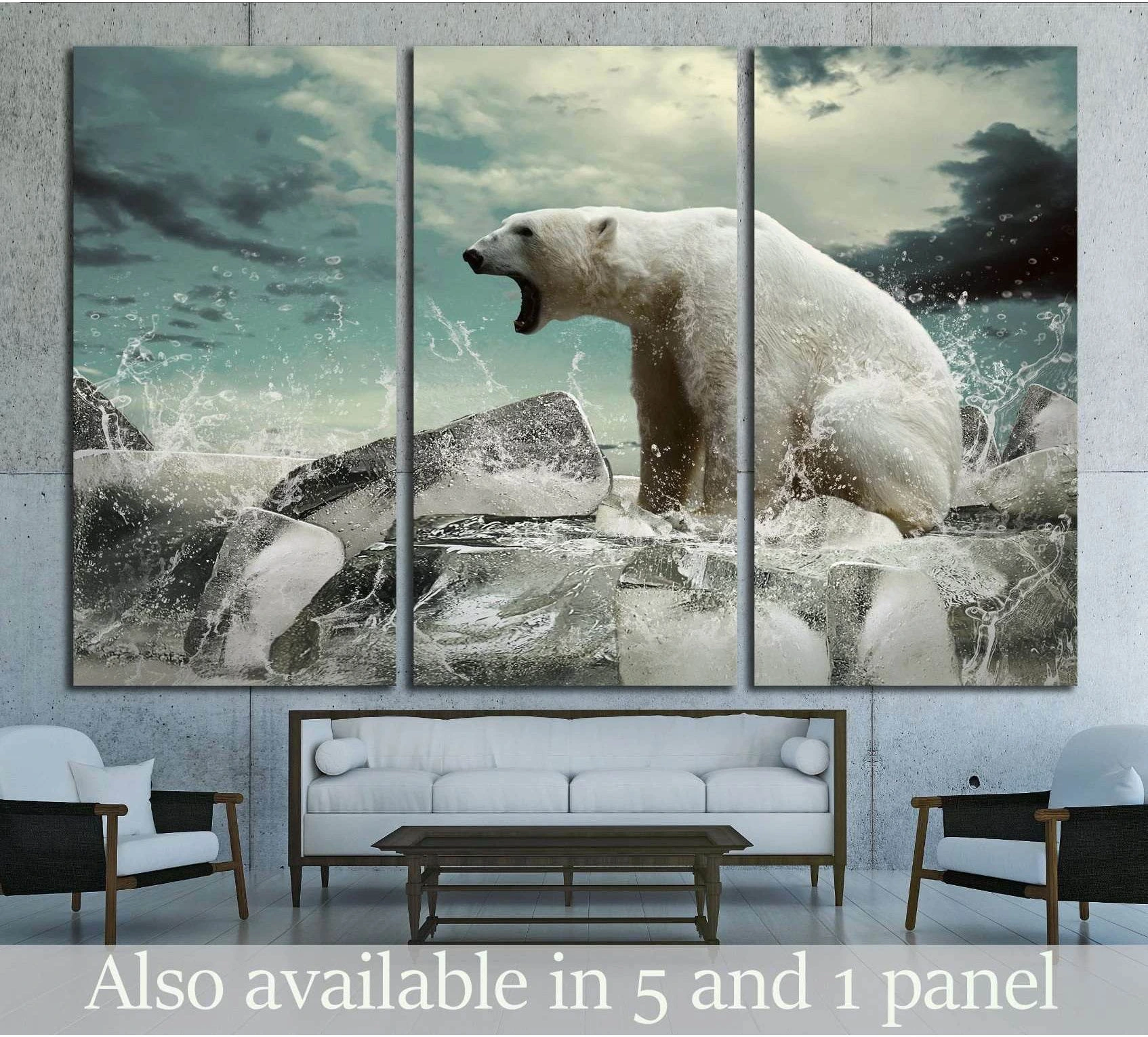 Polar bear canvas print with splashing Arctic ice displayed above a sofa in a modern living room