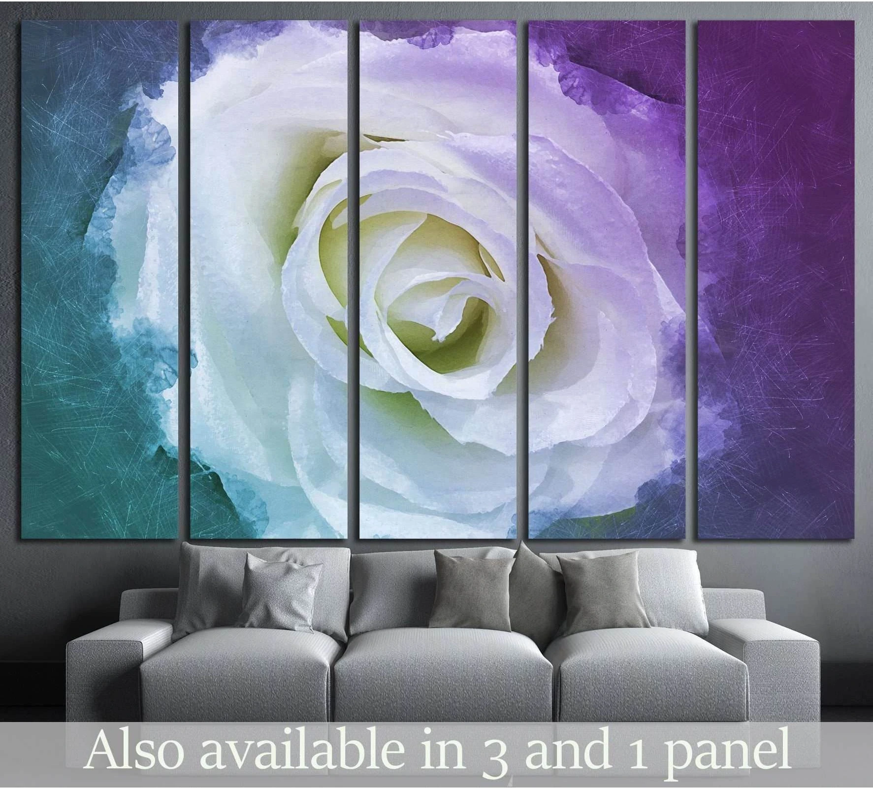 White rose canvas print in soft teal and purple tones displayed as five-panel floral wall art