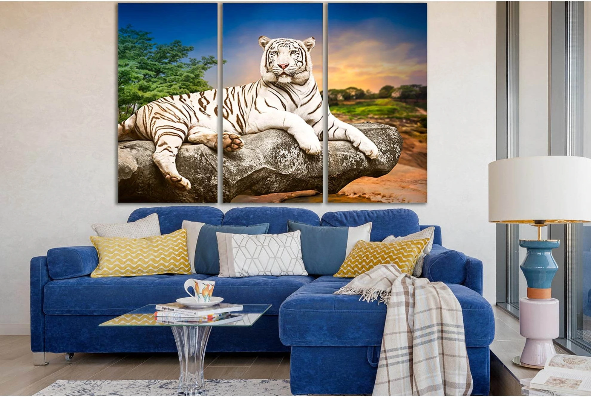 White Tiger Resting On The Stone №SL1047 Ready to Hang Canvas Print - Zellart Canvas Prints 0new, ALL_Products, Animals & Wildlife, Tiger