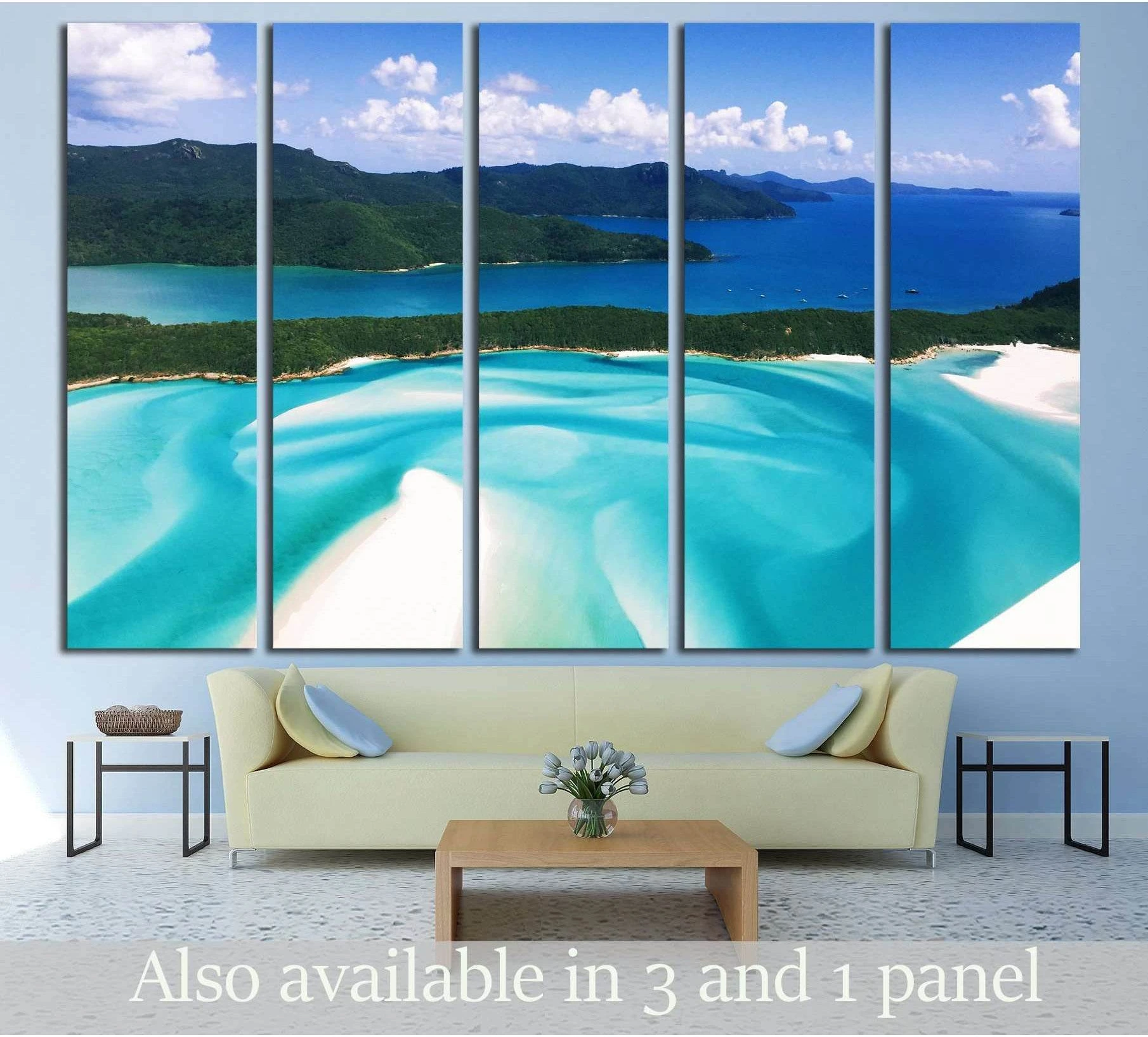 Whitehaven Beach canvas print with turquoise shoreline aerial view above sofa in coastal living room
