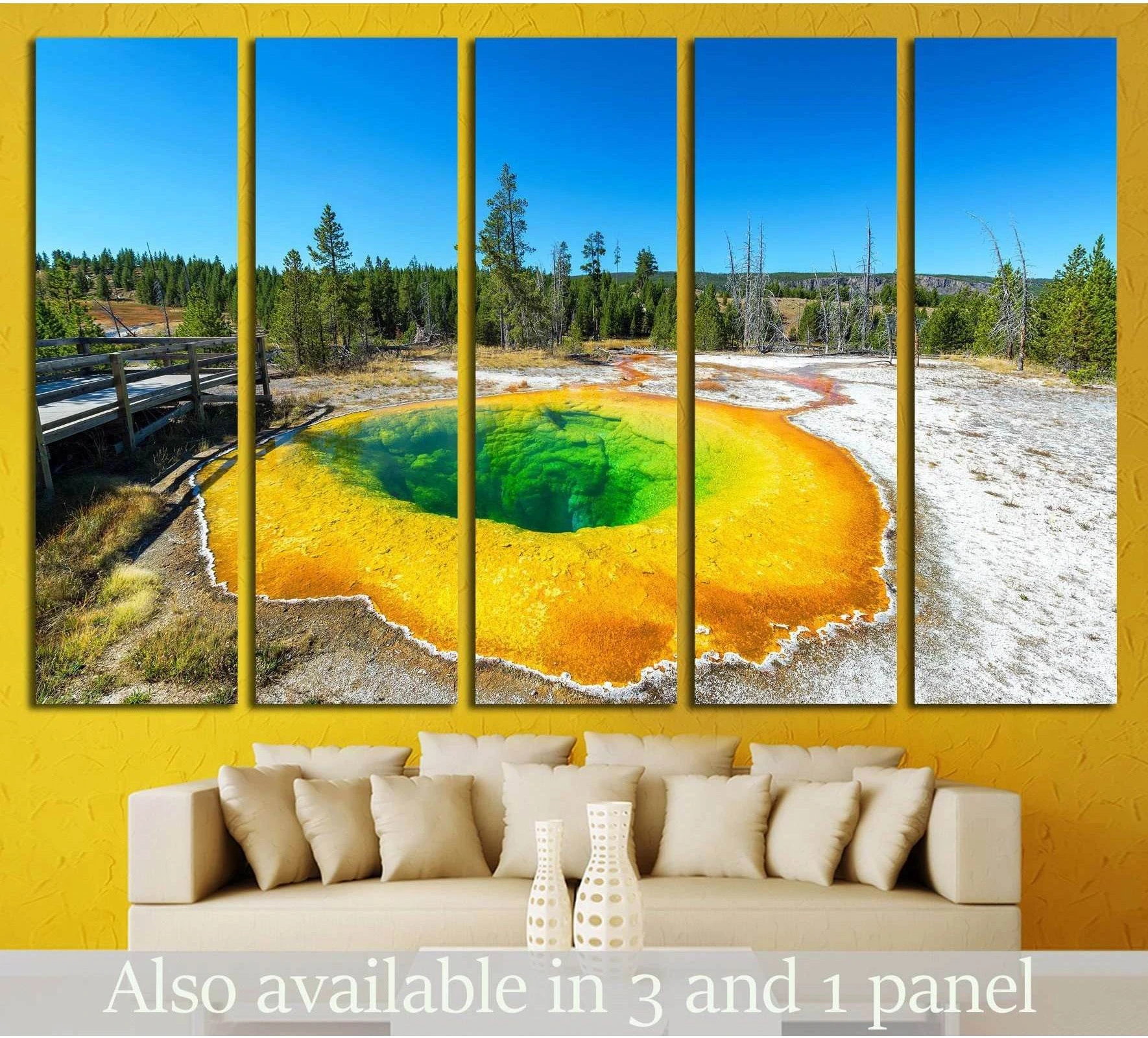 Morning Glory Pool Yellowstone canvas print hung above sofa in a modern living room mockup
