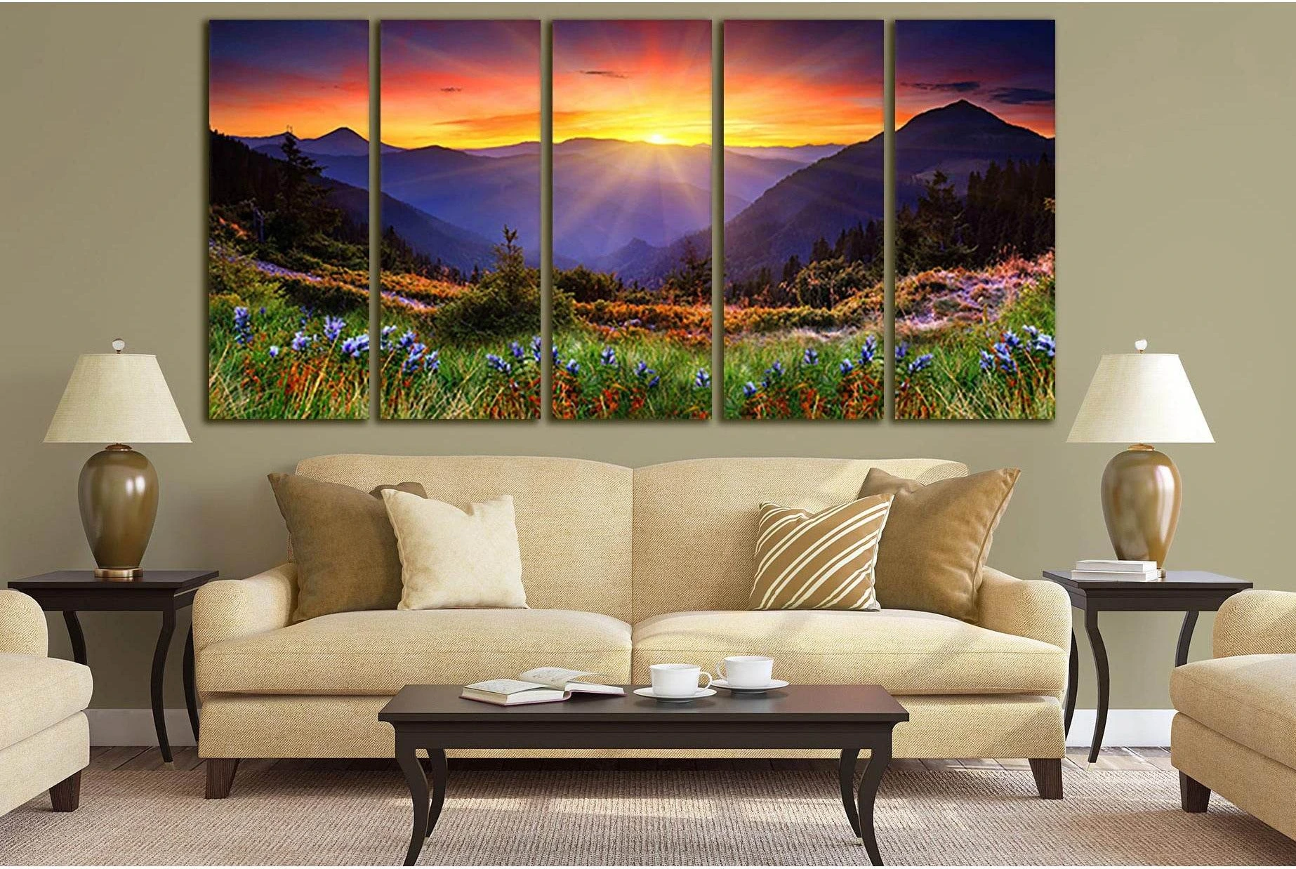 Wild Flowers Mountains Sunset №SL686 Ready to Hang Canvas Print - Zellart Canvas Prints 0new, ALL_Products, Floral & Botanical Wall Art