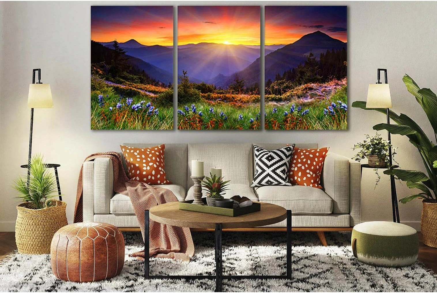 Wild Flowers Mountains Sunset №SL686 Ready to Hang Canvas Print - Zellart Canvas Prints 0new, ALL_Products, Floral & Botanical Wall Art